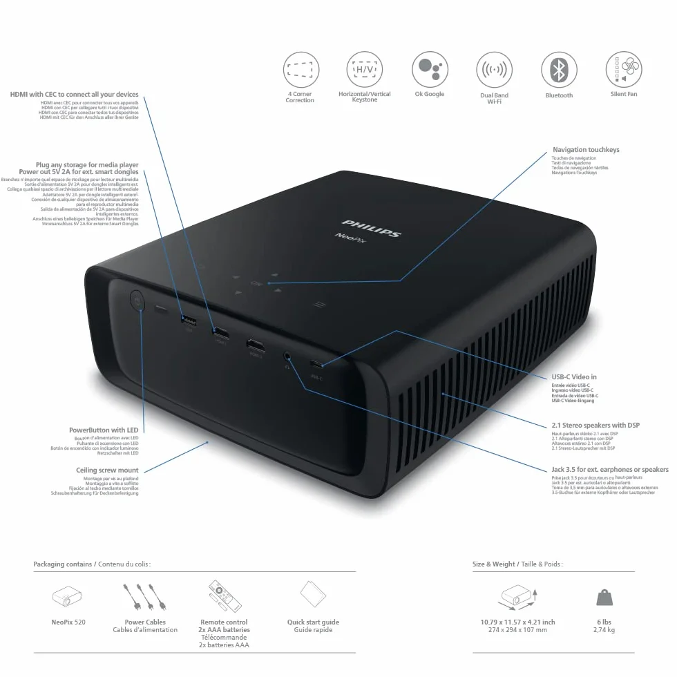 Philips NeoPix 520, projektor True Full HD z wbudowanym Android TV, Chromecastem i złączem HDMI