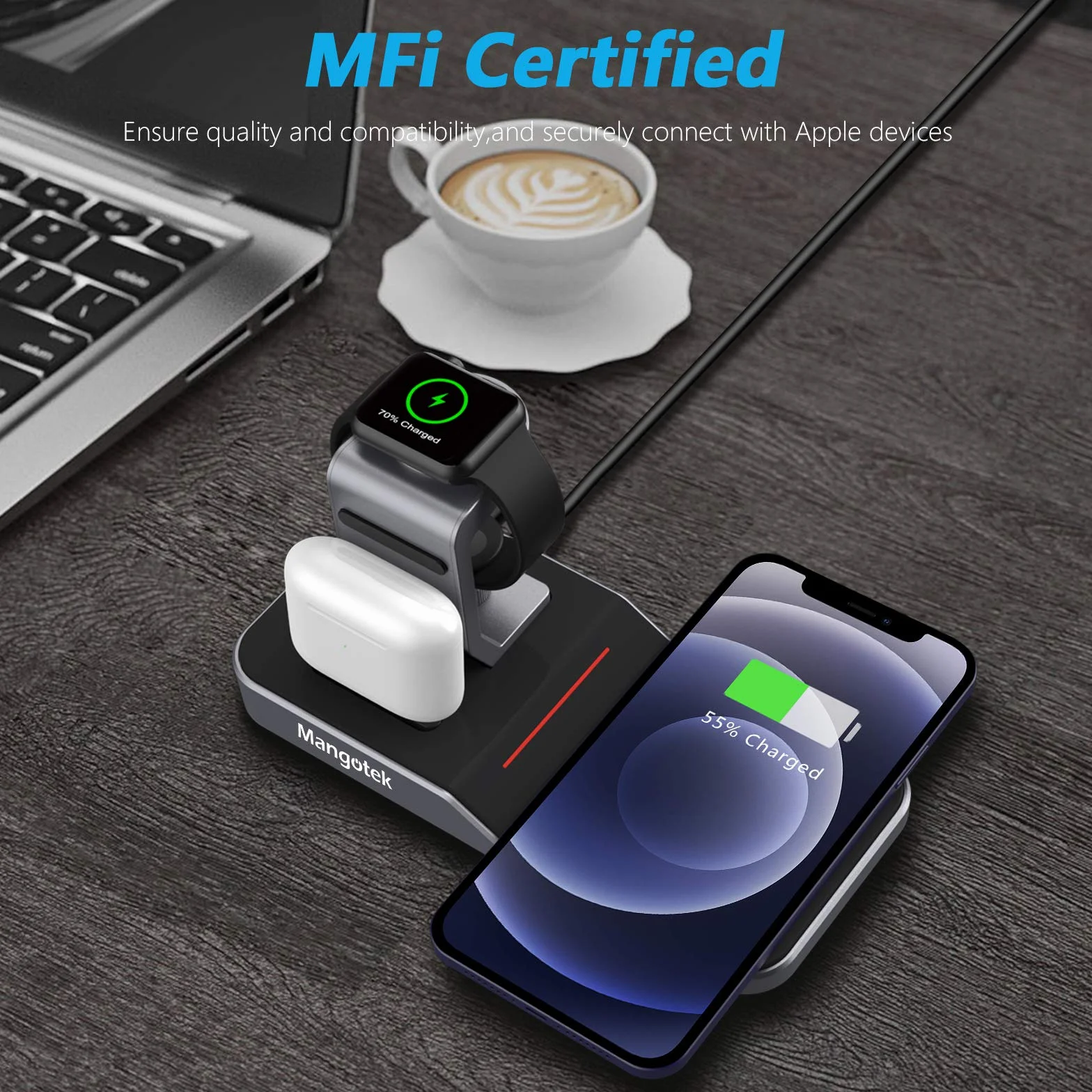 Mangotek Zamiennik do bezprzewodowej stacji ładującej iPhone Apple Watch i AirPods, bezprzewodowa ładowarka 3 w 1, podstawka do szybkiego ładowania Qi, stacja dokująca do iPhone 13/12 Pro Max/11/SE/XS