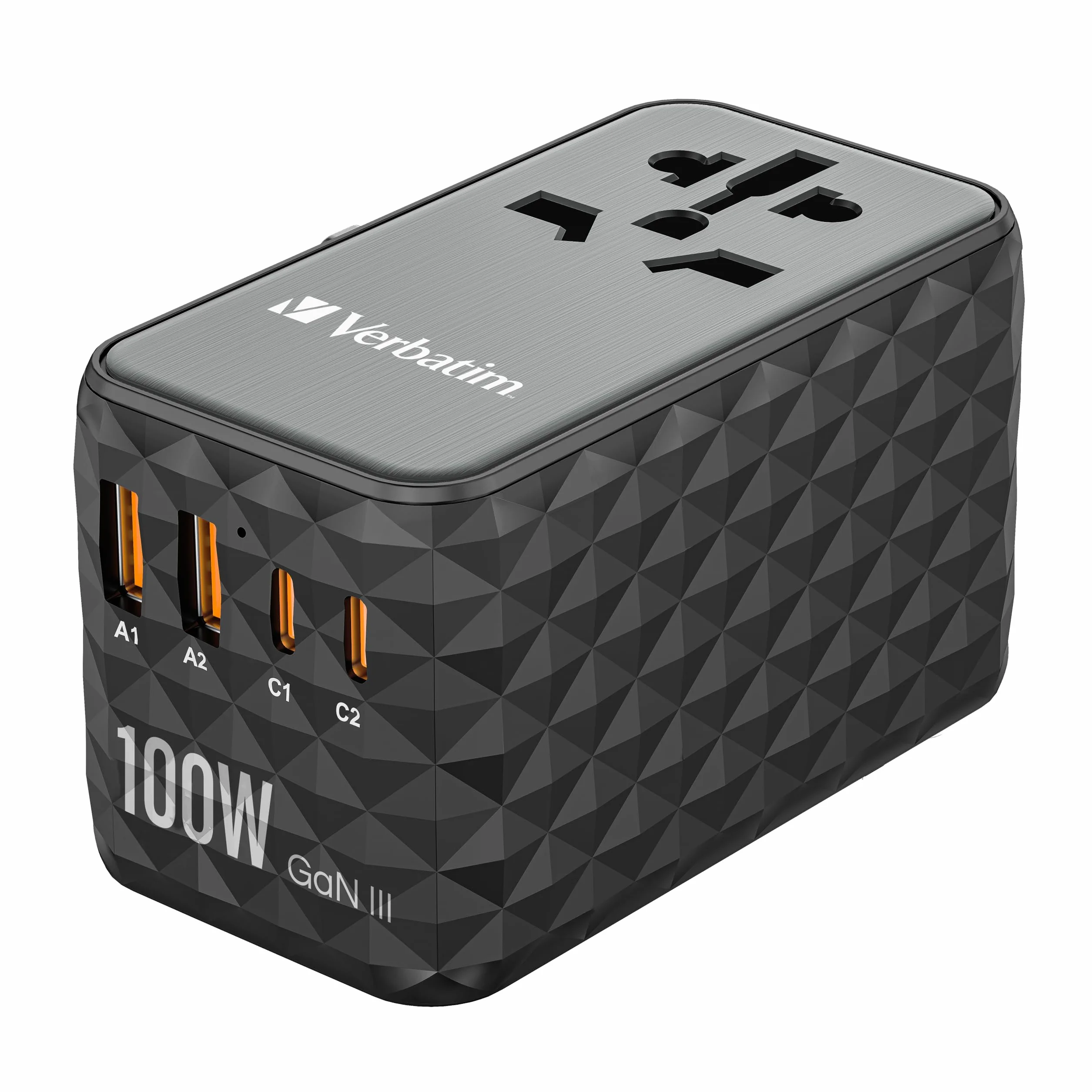 Verbatim GaN uniwersalny adapter podróżny UTA‑06 100 W, adapter z 2 gniazdami USB‑A i 2 portami USB-C, szybka ładowarka do laptopa, telefonu komórkowego, aparatu fotograficznego i Co, wtyczka podróżna