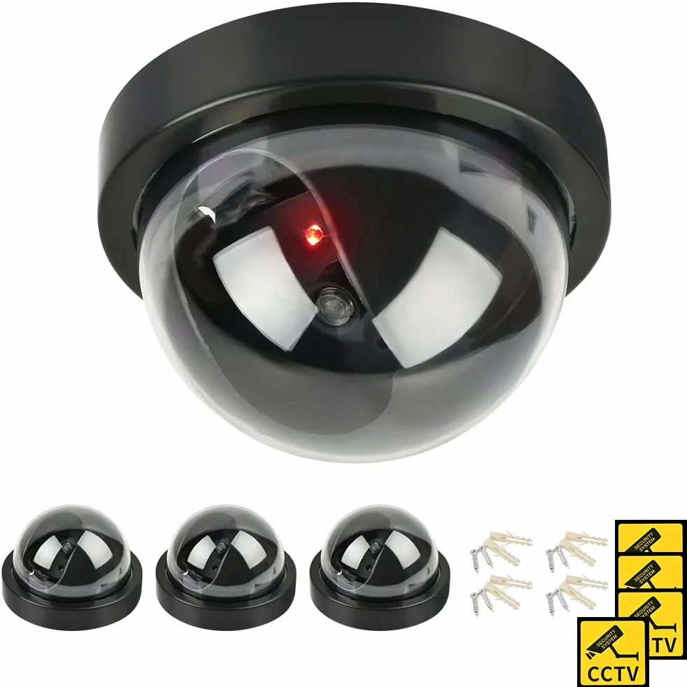 Atrapa kamery CCTV, manekin z fałszywymi monitorami CCTV, symulacja kamery CCTV, z migającym światłem LED, atrapa fałszywa kamera, do użytku na zewnątrz i wewnątrz, do domu i biznesu, 4 szt