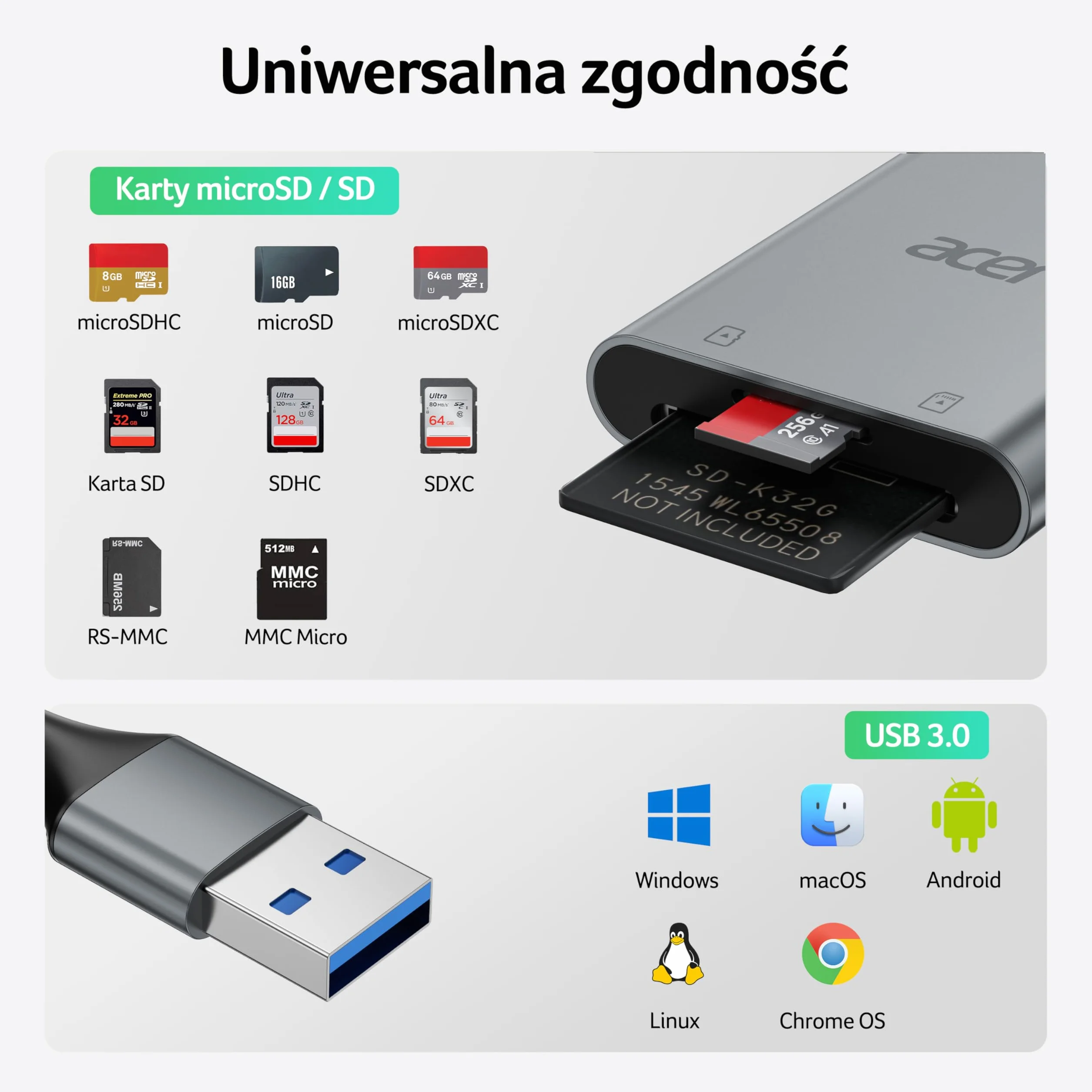 Acer Czytnik kart SD USB 3.0 z kablem, Aluminiowy czytnik kart pamięci UHS-I, USB-A Adapter micro SD Wysoka prędkość, do kart SDXC, micro SDHC, TF, RS-MMC, Komputer, PC, laptop, kamera szlakowa