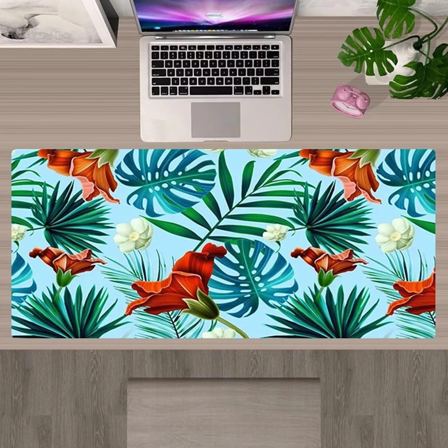Podkładka pod mysz z zielonymi liśćmi kwiatami, 1200 x 600 x 3 mm, rozszerzona duża podkładka pod mysz, podkładka na biurko, zszywane krawędzie, antypoślizgowa gumowa podstawa, podkładka pod