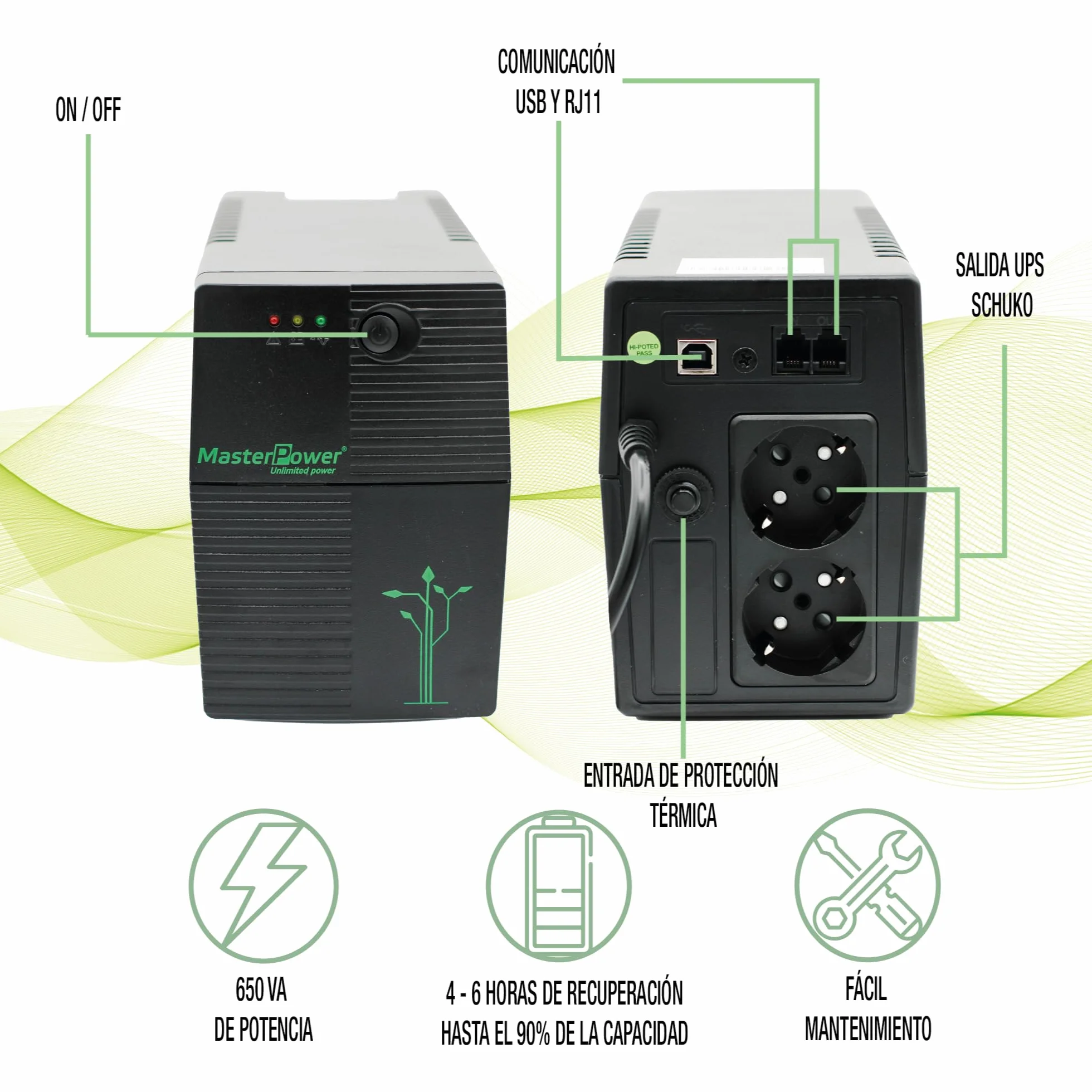 Master Power, Zasilacz bezprzerwowy UPS, UPS 900 VA, stałe napięcie wyjściowe 480 W, 2 gniazda Schuko