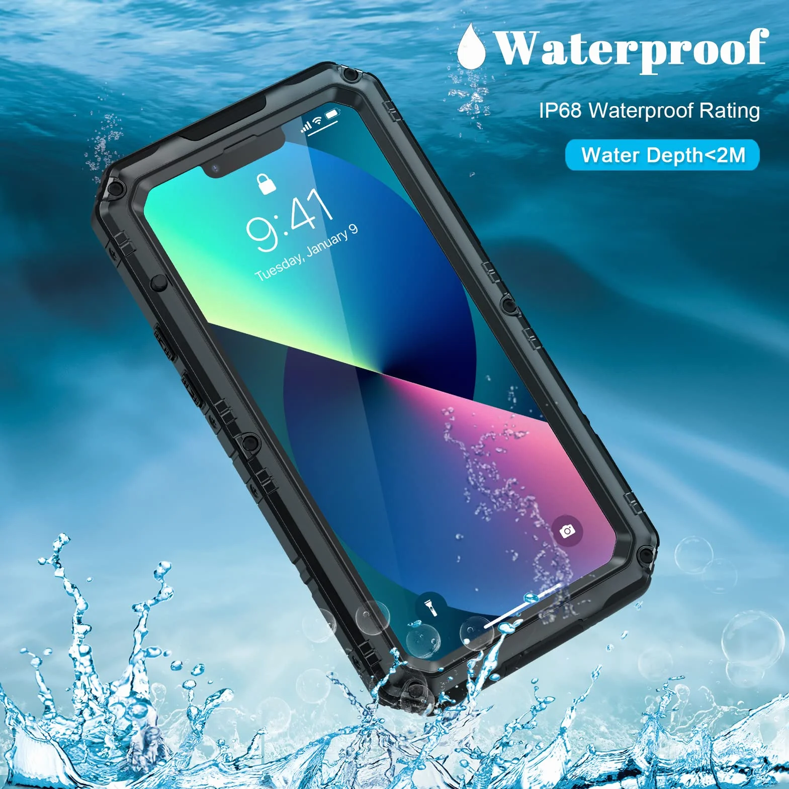 seacosmo Wodoodporne Etui Kompatybilne z iPhone 13 IP68, Wojskowa Ochrona Przeciwupadkowa 360°, Wzmocnione Etui Odporne na Wstrząsy Typu Heavy Duty do iPhone 13, Czarny
