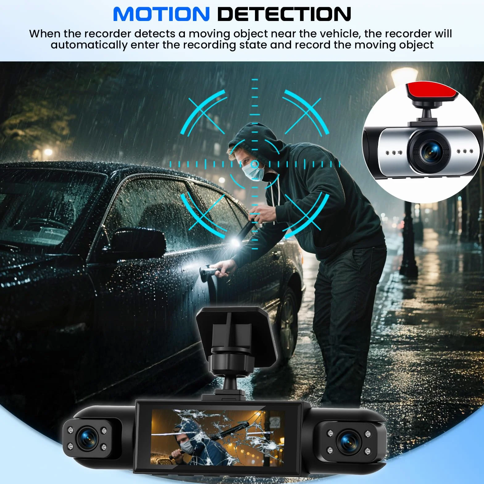 CAMECHO 4-kanałowa tabliczka rejestracyjna 1080P z nagrywaniem z przodu lewej prawej i tylnej kamery GPS obrotny ekran 3,16″ pętla nocna wykrywanie ruchu