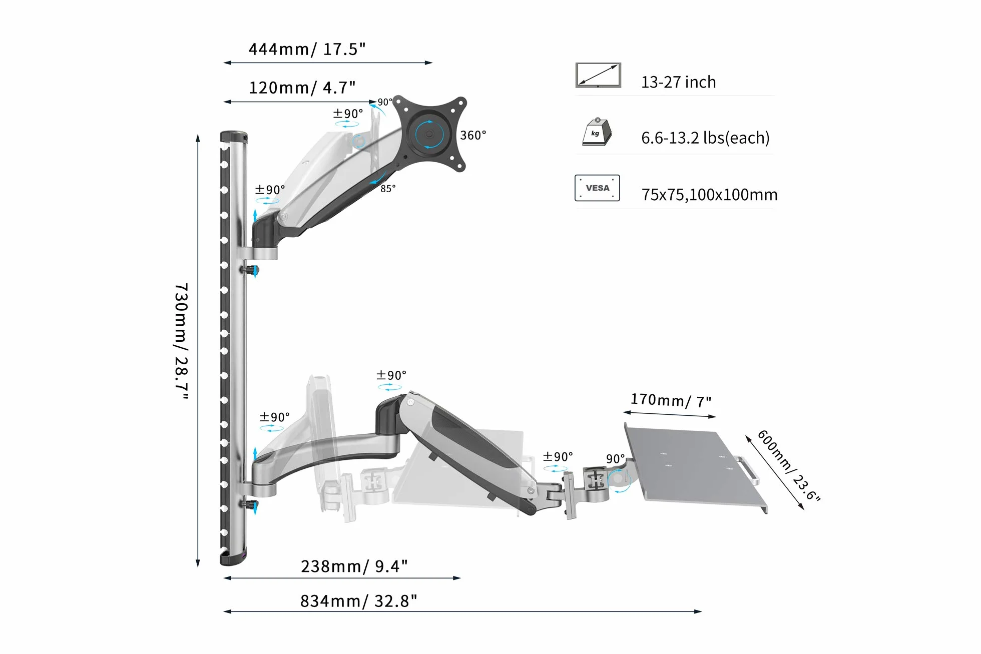 DIGITUS DA-90354 - Stacja robocza stojąca/siedząca - Uchwyt do monitora z półką na klawiaturę - Montaż ścienny - 2x sprężyna gazowa - 1 monitor - Do 27 cali - VESA 75x75, 100x100 - Srebrny