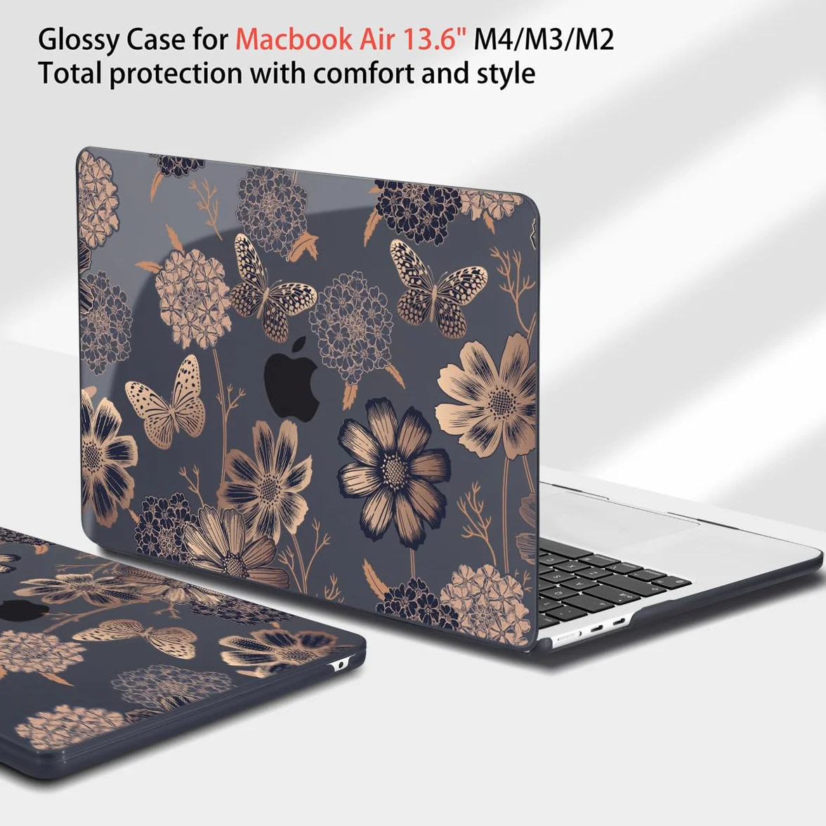 Teryeefi Etui do MacBook Air M2 M3 M4 13,6 2022 2023 2024 2025 A2681 A3113 A3240, przezroczysta twarda obudowa z osłoną klawiatury i adapterem USB 3.0 i osłoną ekranu, złoty kwiatowy motyl