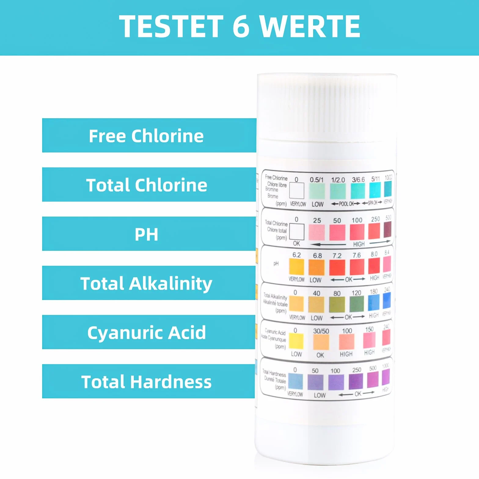 Paski testowe pH basenu 6w1, tester wody do basenu chlor pH zasadowość kwas cyjanurowy twardość
