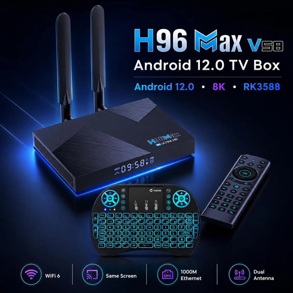 Android 12 TV Box H96 MAX V58 RK3588 Octa-Core 8 GB RAM 64 GB ROM WiFi6 Dual-Band Bluetooth 5.0 8K 4K USB 3.0 Smart TV Media Player