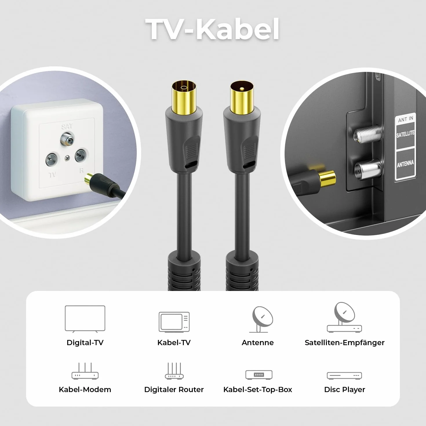 deleyCON 6m TV Kabel Antenowy IEC HDTV Koncentryczny 4-Krotne Ekranowanie Rdzeń Ferrytowy DVB-T DVB-T2 DAB Czarny