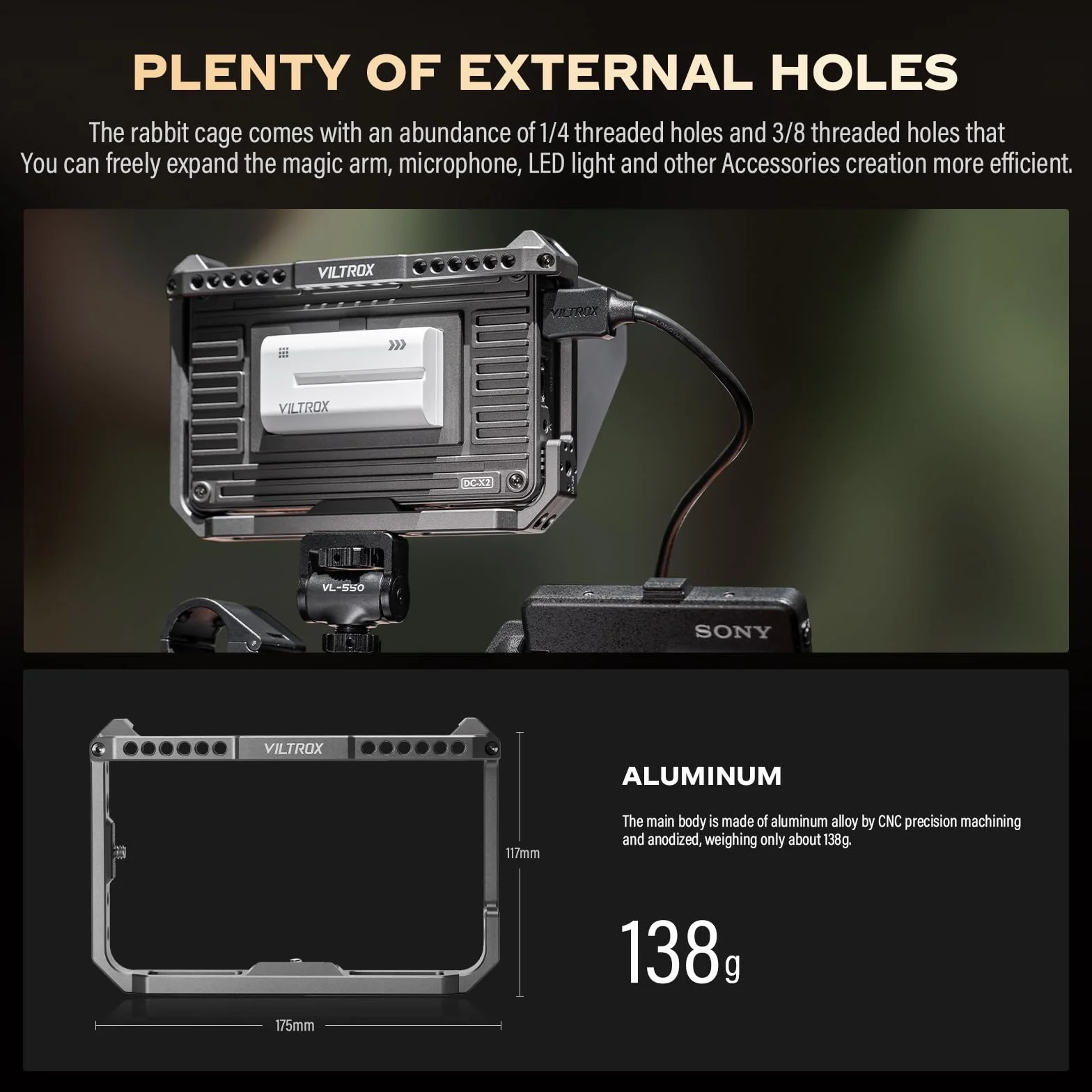 VILTROX DC-X2 DCX2 Rig Cage Kit aparat fotograficzny, ekran dotykowy 2000 Nit 6 cali 4K HDMI Camera Monitor z akumulatorem Full HD 1920 x 1080 IPS 3D LUT z osłoną przeciwsłoneczną do Sony Canon, Nikon