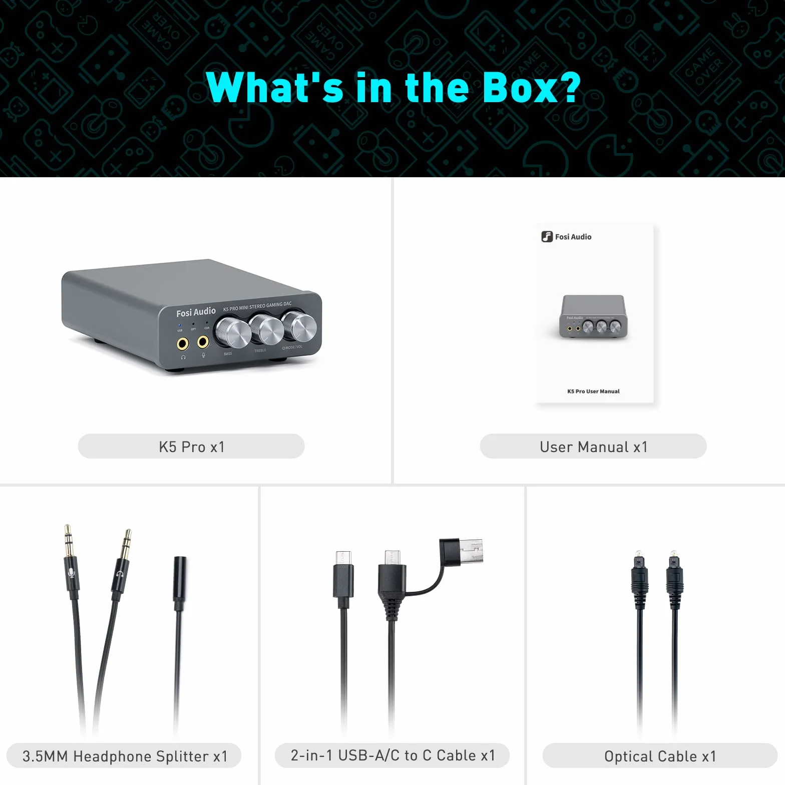 Fosi Audio K5 Pro Gaming DAC Wzmacniacz słuchawkowy Mini Hi-Fi Stereo Cyfrowo-analogowy konwerter audio USB typu C/koncentryczny na RCA/optyczny/3,5 mm AUX na PS5/PC/MAC/komputer