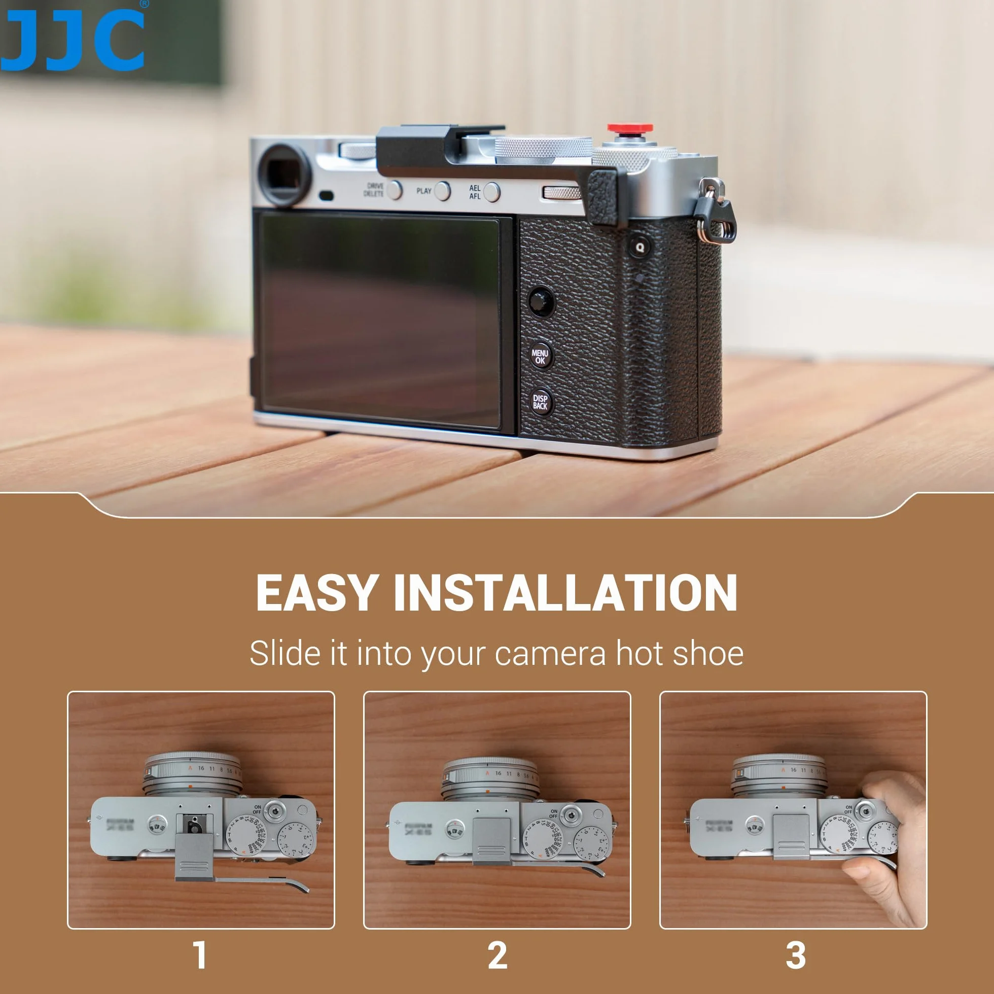 JJC Metalowa osłona stopki Full Cover Thumb Up Grip z przyciskiem migawki kompatybilna z aparatami Fujifilm X-E5, XE5, silikonowe wkładki Thumb Hand Grip przeciwpyłowe i antypoślizgowe, srebrne