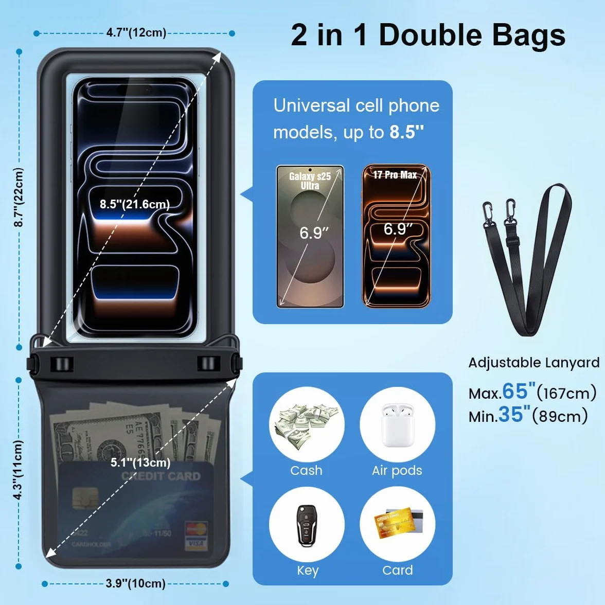 Rynapac 2 sztuki wodoodporna etui na telefon, [do 21,6 cm] IPX8 podwójne etui podwodne, wodoodporne etui na telefon z paseczkiem na ramię dla iPhone 17 16 15 Pro Max, Galaxy S26 Ultra