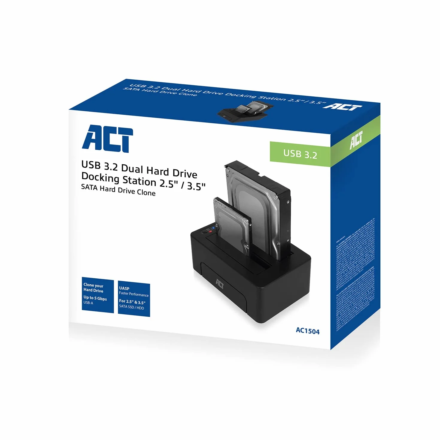 ACT Podwójna stacja dokująca USB 3.1 Gen1 (USB3.0) do dysków twardych 2,5 i 3,5-calowych SATA/SSDs AC1504