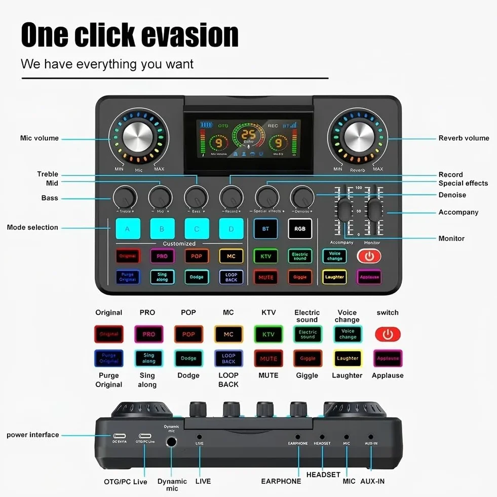 Karta dźwiękowa na żywo i mikser DJ Mikser audio z zmieniaczem głosu, płyta dźwiękowa z oświetleniem RGB, sprzęt do nagrywania muzyki