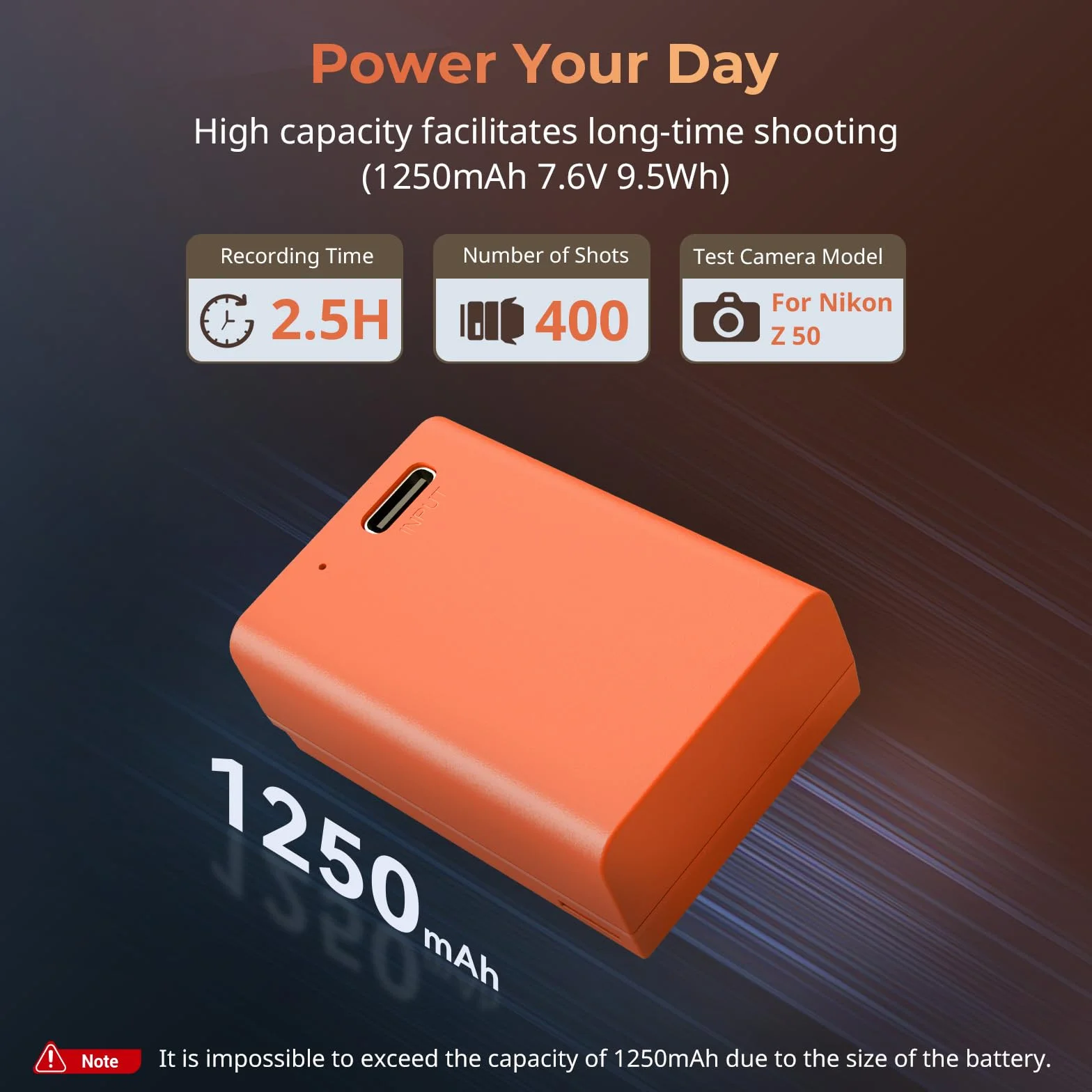 SMALLRIG EN-EL25 Bateria 1250 mAh USB-C Zamienna bateria do aparatu Nikon Z30 / Z50 / Z fc, 1,75H W pełni naładowana bateria do aparatu Nikon Z30, Z50, Z fc, pomarańczowa - 4967