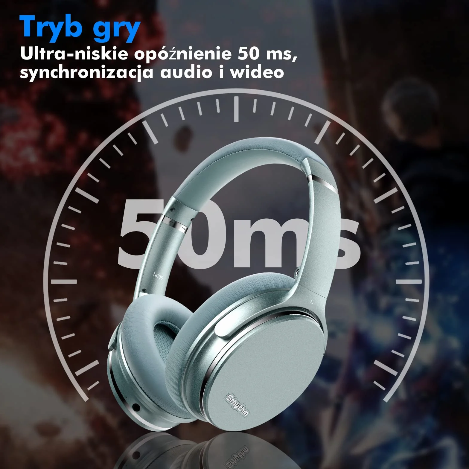Srhythm NC35 Over-Ear z szybkim ładowaniem USB-C, Hybrid Active Noise Cancelling słuchawki, składane, bezprzewodowe, Bluetooth 5.3, mikrofon, rozmowy głosowe, 50 godz