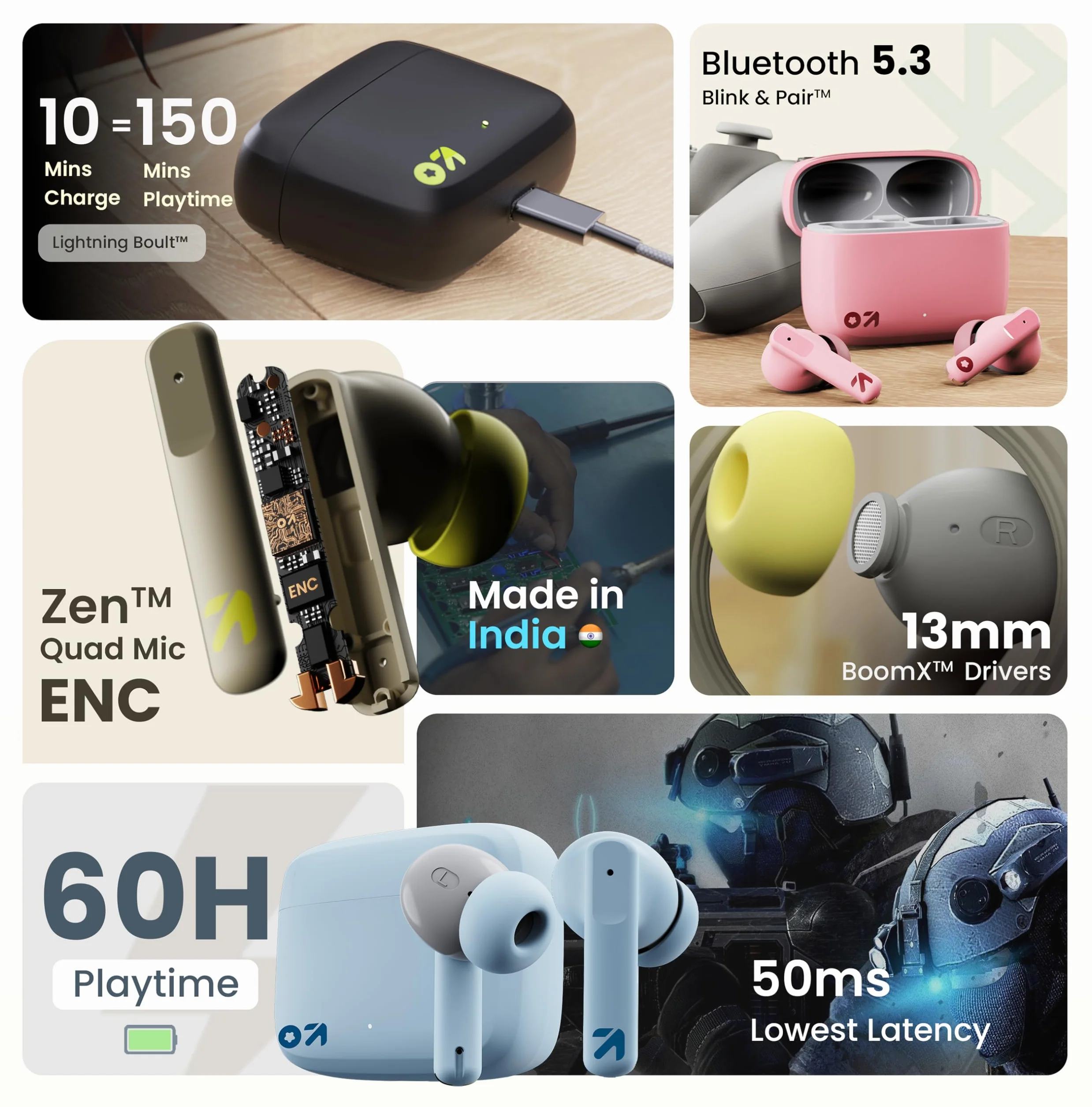 Boult Audio Z60 True Wireless słuchawki douszne z czasem odtwarzania 60H, Quad Mic ENC, 50 ms Low Latence Gaming IPX5 Słuchawki douszne TWS, Bluetooth 5.3, 13 mm Bass Drivers