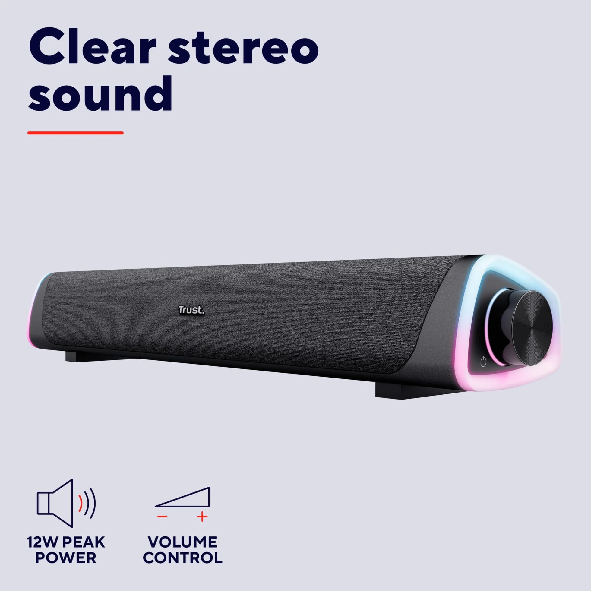 Trust Liro Soundbar do Komputera i Laptopa, Kompaktowy Głośnik Stereo LED RGB Zasilany przez USB, Moc Szczytowa 12W, Połączenie Audio Jack 3,5 mm, Podświetlane Głośniki PC, Czarny