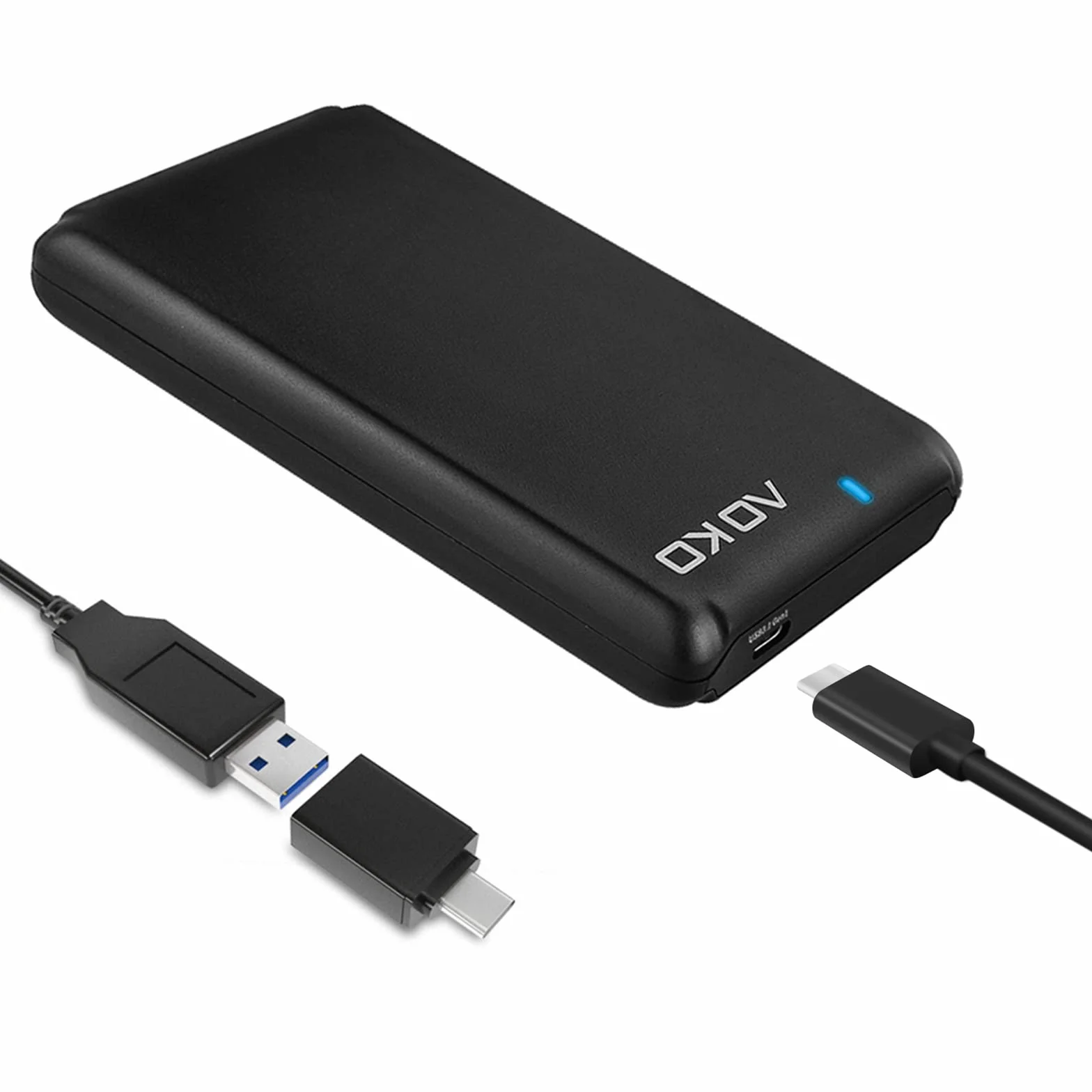 AOKO Obudowa dysku twardego SATA USB C 3,1 do 2,5" 7 mm do 15 mm (do grubości 15 mm), przenośny beznarzędziowy konwerter obudowy dysku twardego z podwójnym kablem USB-A na C Y i adapterem