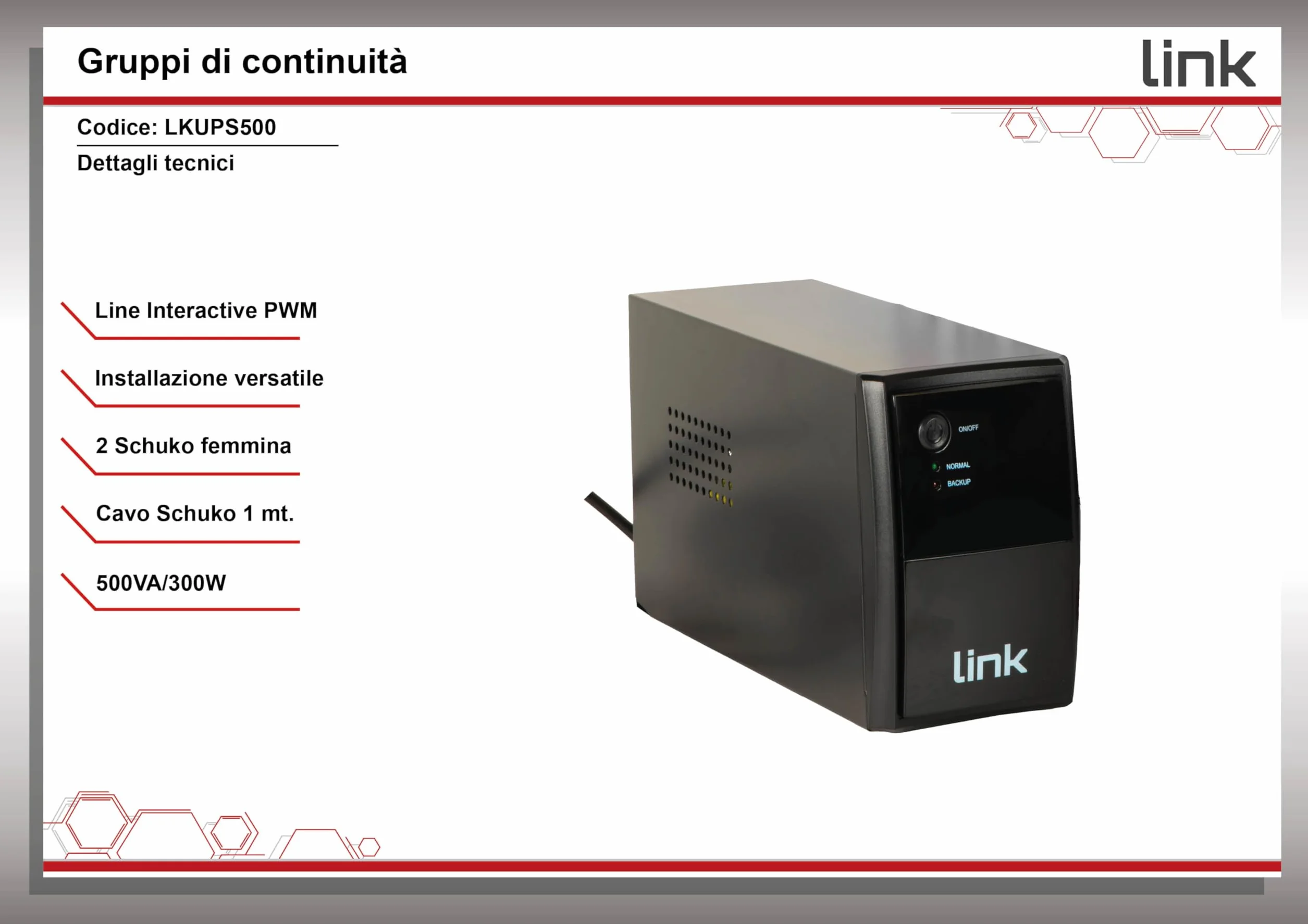 LINK LKUPS500 zasilacz awaryjny UPS ochrona urządzeń elektronicznych z akumulatorem 12 V/4,5 Ah i technologią interaktywnej linii, kompaktowe wymiary 29,2 x 14 x 21,5 cm, dwa gniazda żeńskie Schuko
