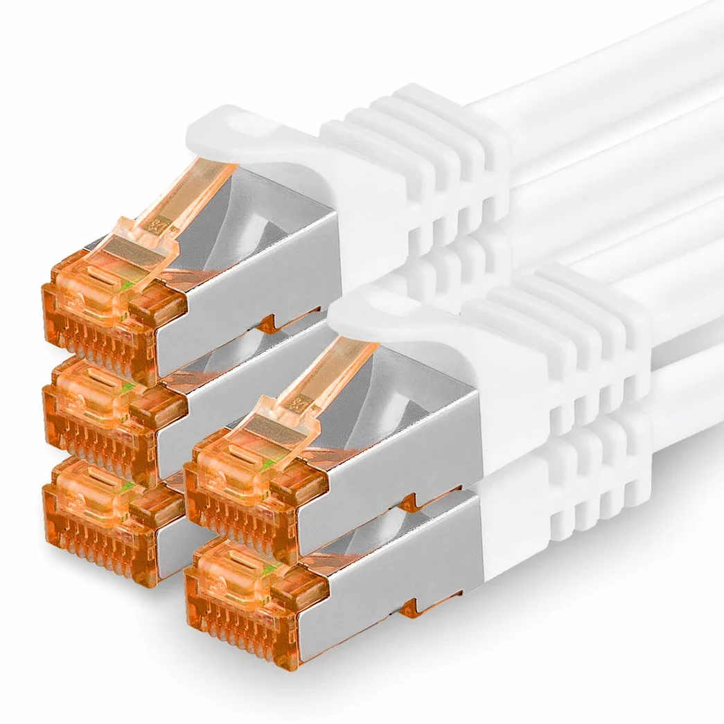 1aTTack.de 0,5 m - Kabel sieciowy Cat.7 biały - 5 sztuk Kabel Gigabit Ethernet LAN 10000 Mbit Kabel Cat7 S FTP PIMF ekranowany LSZH Surowy kabel Cat.7 Rj45 Cat 6a wtyczka - 5 x 0,5 metra