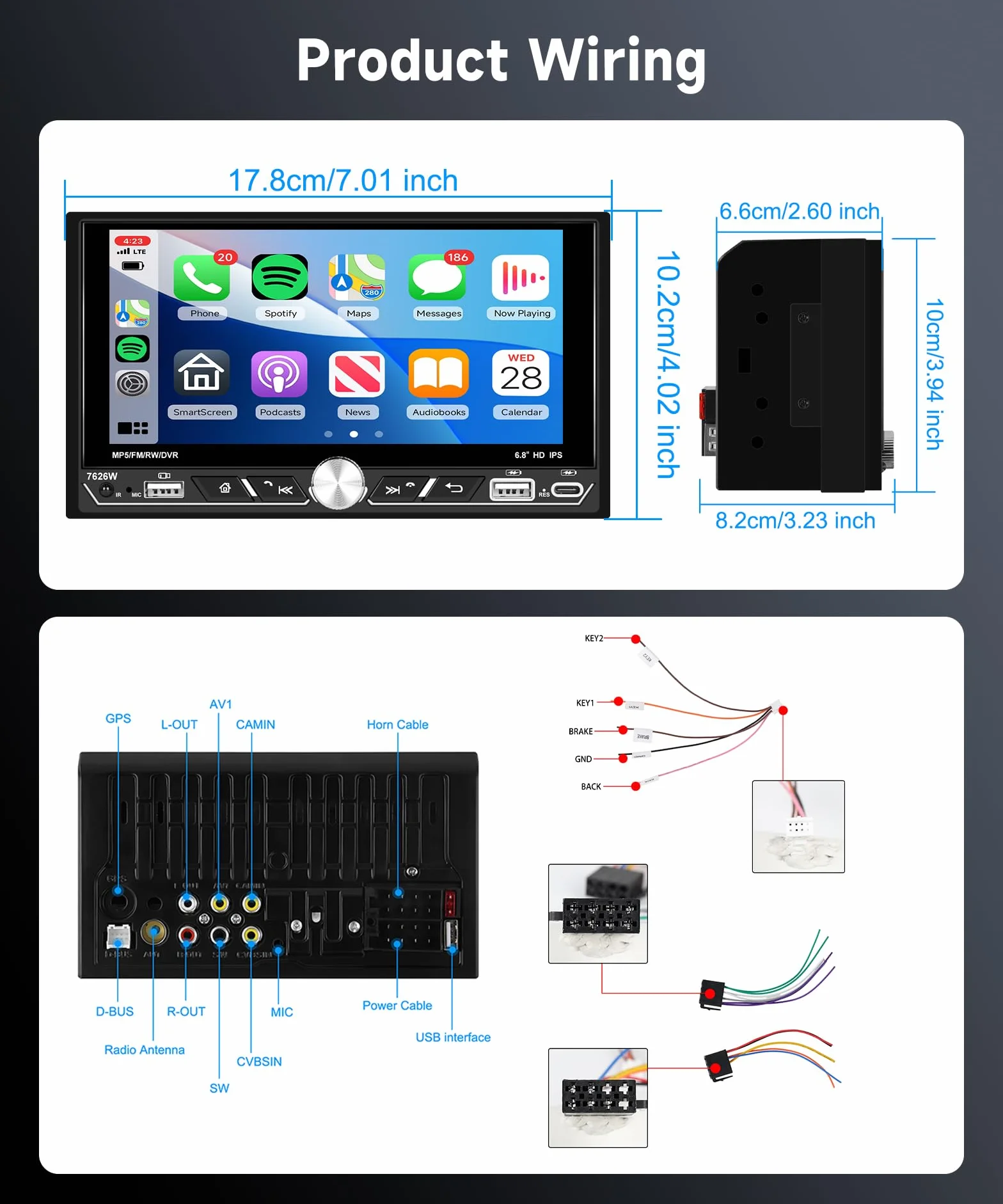 VECHTEL Radio samochodowe 2 Din z bezprzewodowym samochodem z funkcją Carplay z systemem Android, 6,8" IPS HD, ekran dotykowy stereo, samochody, obsługa Bluetooth 5.2 FM/AM/RDS 2USB / typ C Mirror