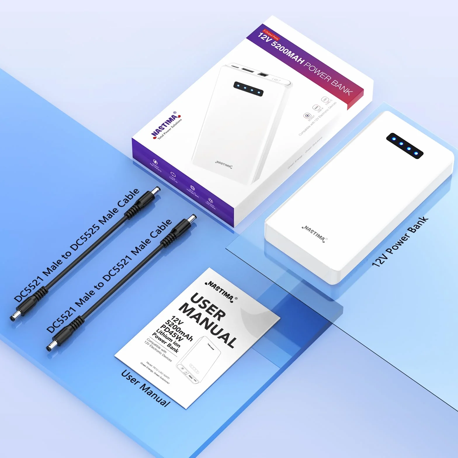 NASTIMA Power Bank 12 V 5200 mAh 56,16 Wh akumulator litowo-jonowy z wyjściem 12 V DC i 12 V 5 V USB-A QC3,0 45 W typu C potrójne wyjście do taśm LED, kamer CCTV, kamer, lornetek