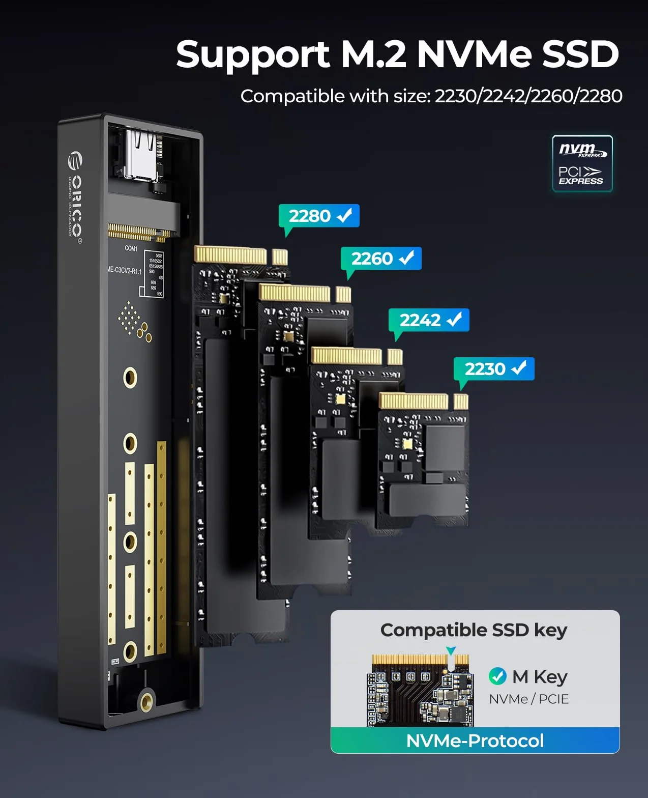 ORICO M.2 NVMe SSD obudowa USB-C adapter 10 Gbps USB3.2/ USB3.1 Gen2 do PCIe NVMe M-Key/M+B Key SSD, zewnętrzna obudowa M2 SSD rozmiar 2230/ 2242/ 2260/ 2280, obsługuje UASP-M2PV