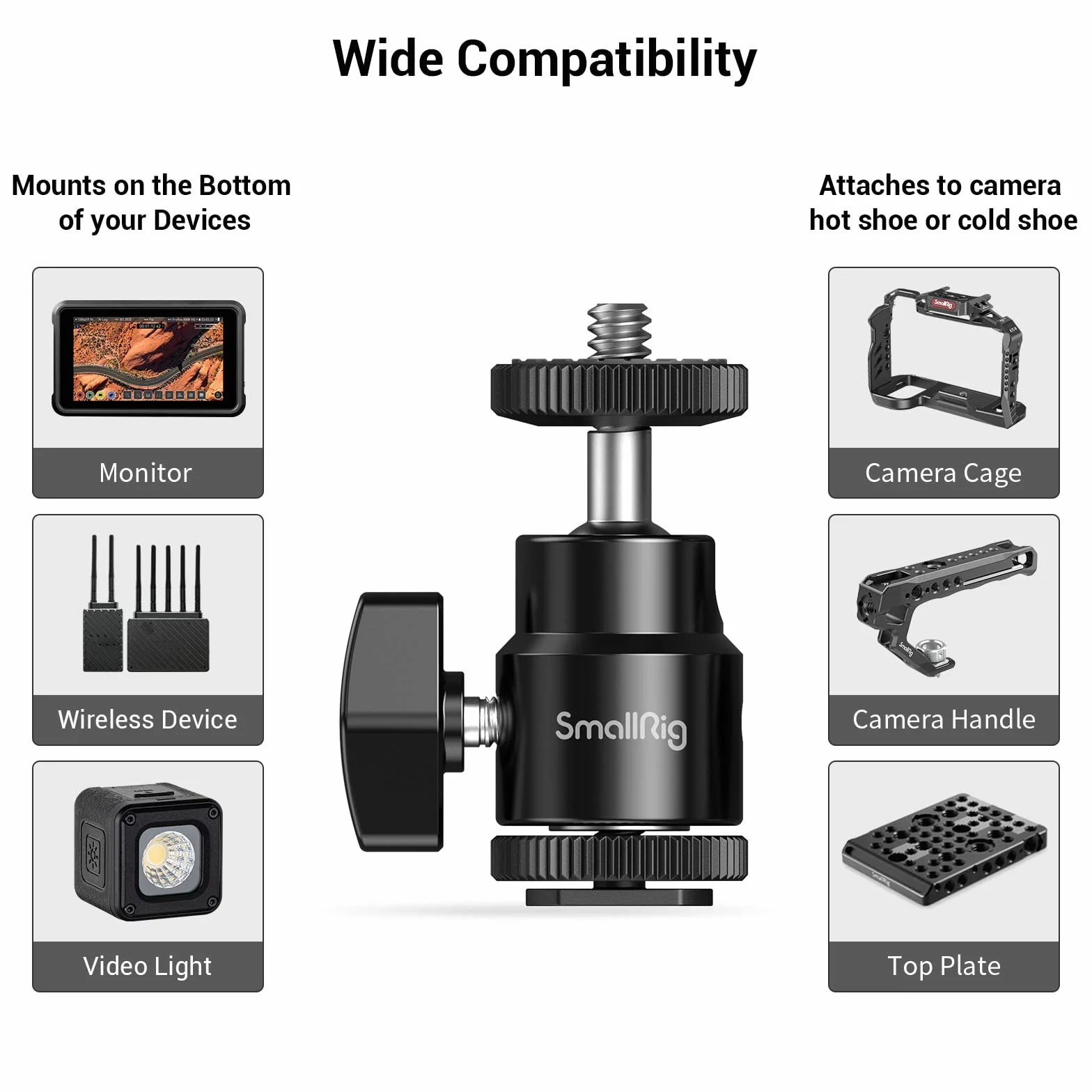 SMALLRIG Mini Ball Head głowica kulowa 2 szt. z adapterem zimnej stopki do monitora DSLR Gopro - 2059