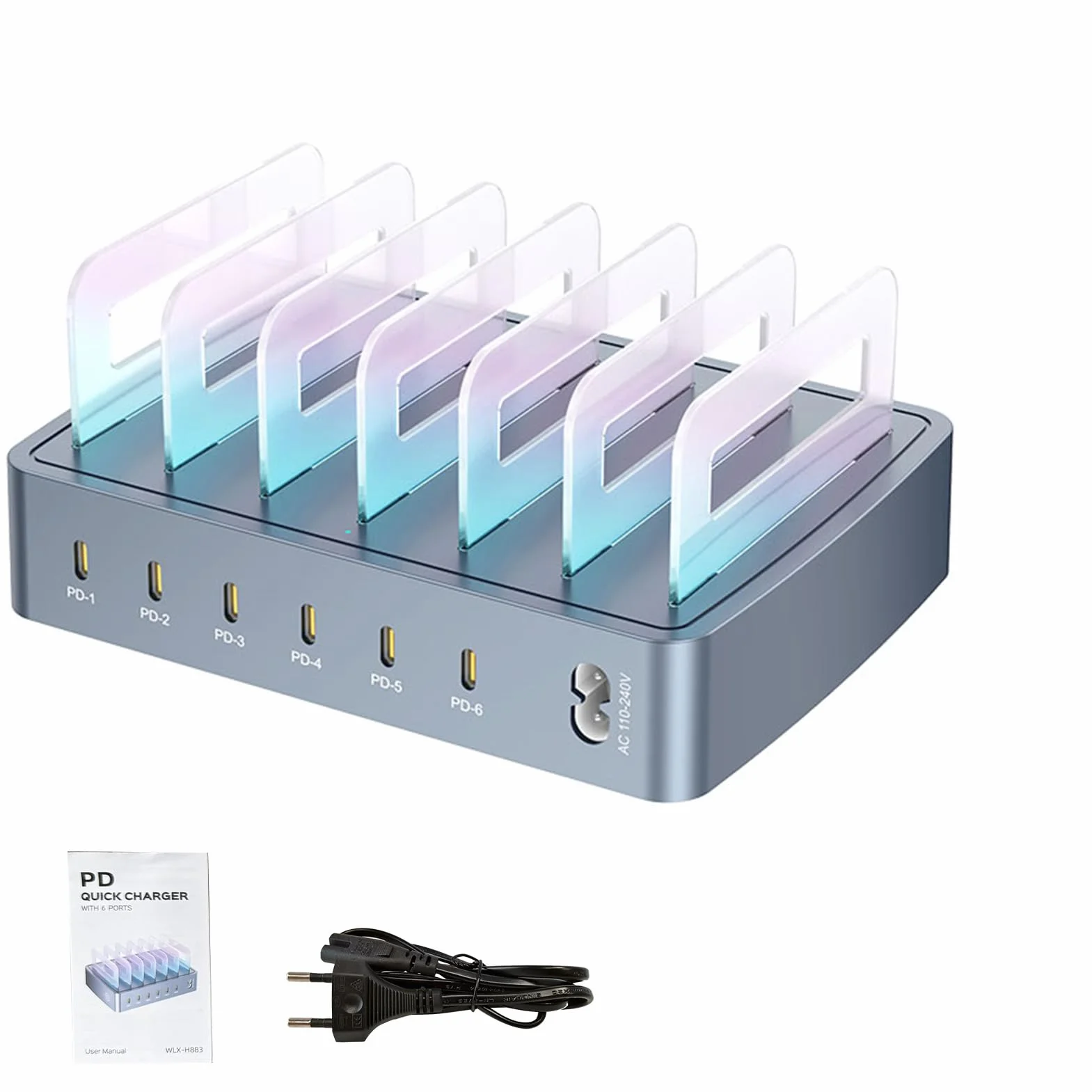 Wakects 6-portowa Stacja ładująca Przenośne ładowarki Biurkowe z mocą wyjściową PD 120 W 6 PortóW USB C, Każdy o Mocy 20 W Światło Oddechowe RGB Odłączane Gniazda na Biurko W Podróży Biurowej