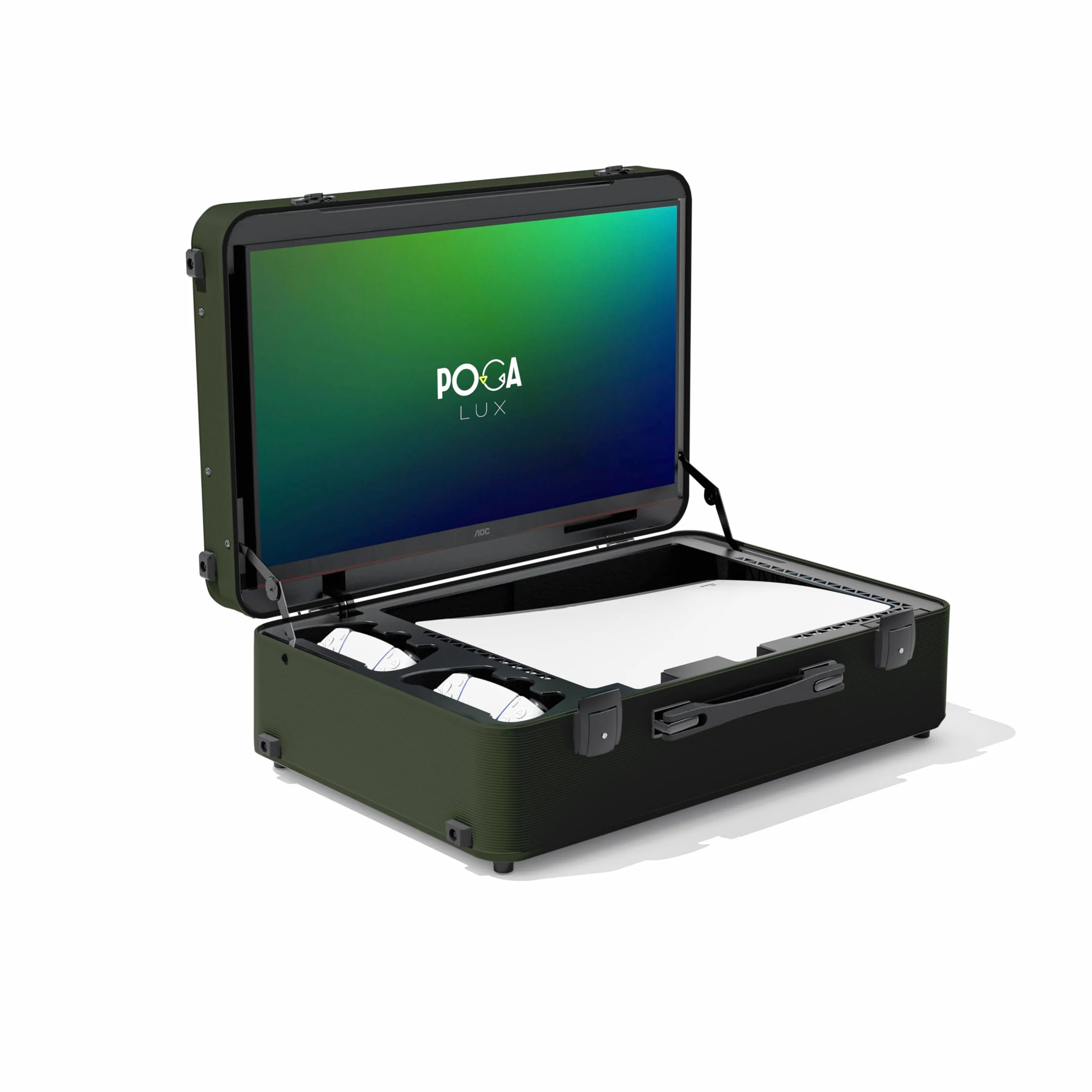 POGA LUX walizka gamingowa (kompatybilna z Playstation 5), walizka podróżna z wózkiem na kółkach i monitorem gamingowym AOC 24" – Camuo flage (V2 – głośnik Bluetooth opcjonalny), kamuflaż
