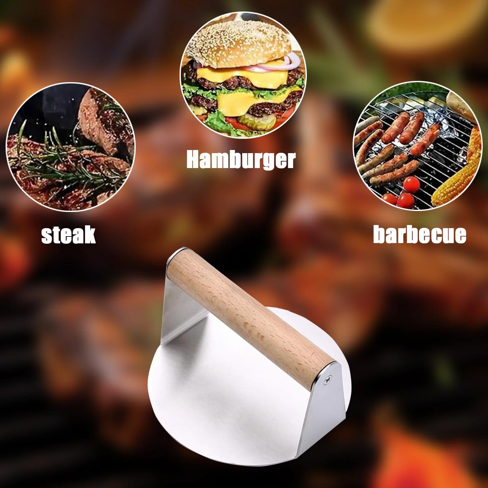 Prasa do burgerów, okrągła prasa do burgerów ze stali nierdzewnej 304 z drewnianym uchwytem, do burgerów klasy spożywczej, łatwa do czyszczenia do grilla płaskiego i smarownicy