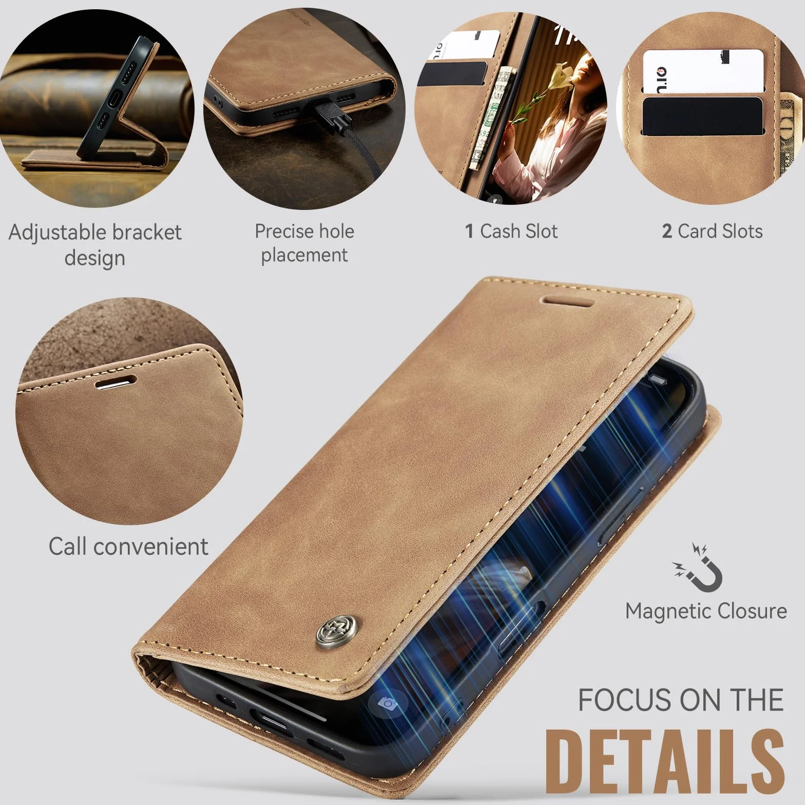 Etui do iPhone 17 5G Premium Klapką Etui ze Skóry PU,Portfel Przegródki na Karty Funkcja Stojaka Magnetyczne Wstrząsy iPhone 17,Brązowy