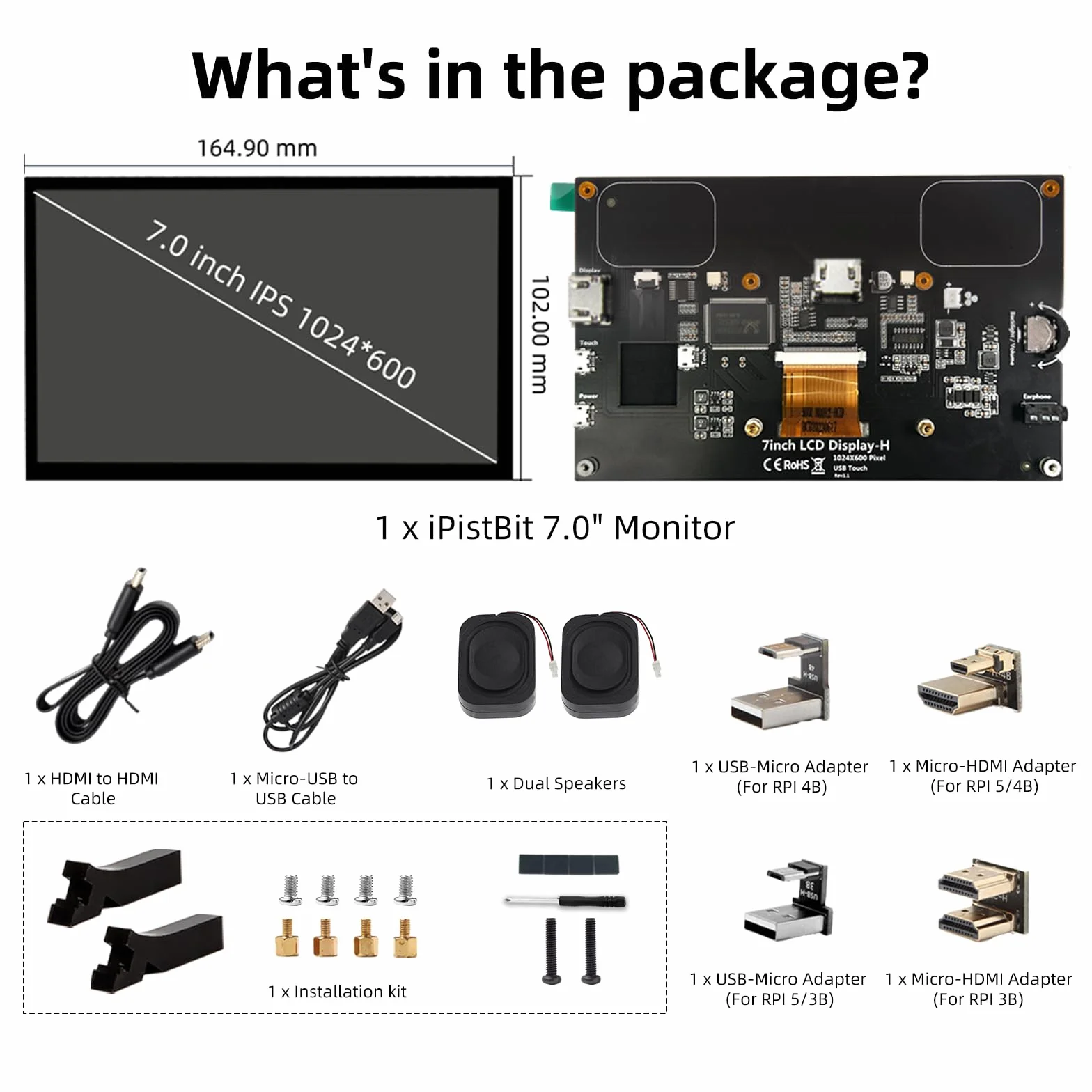 Ekran Raspberry Pi, 7 Cali Monitor Dotykowy, IPS 1024×600, Podwójne Wbudowane Głośniki, Przenośny Monitor HDMI Kompatybilny z Raspberry Pi 5/Pi 4B/3B+/3B, Win11/10/8/7, Bez Sterowników