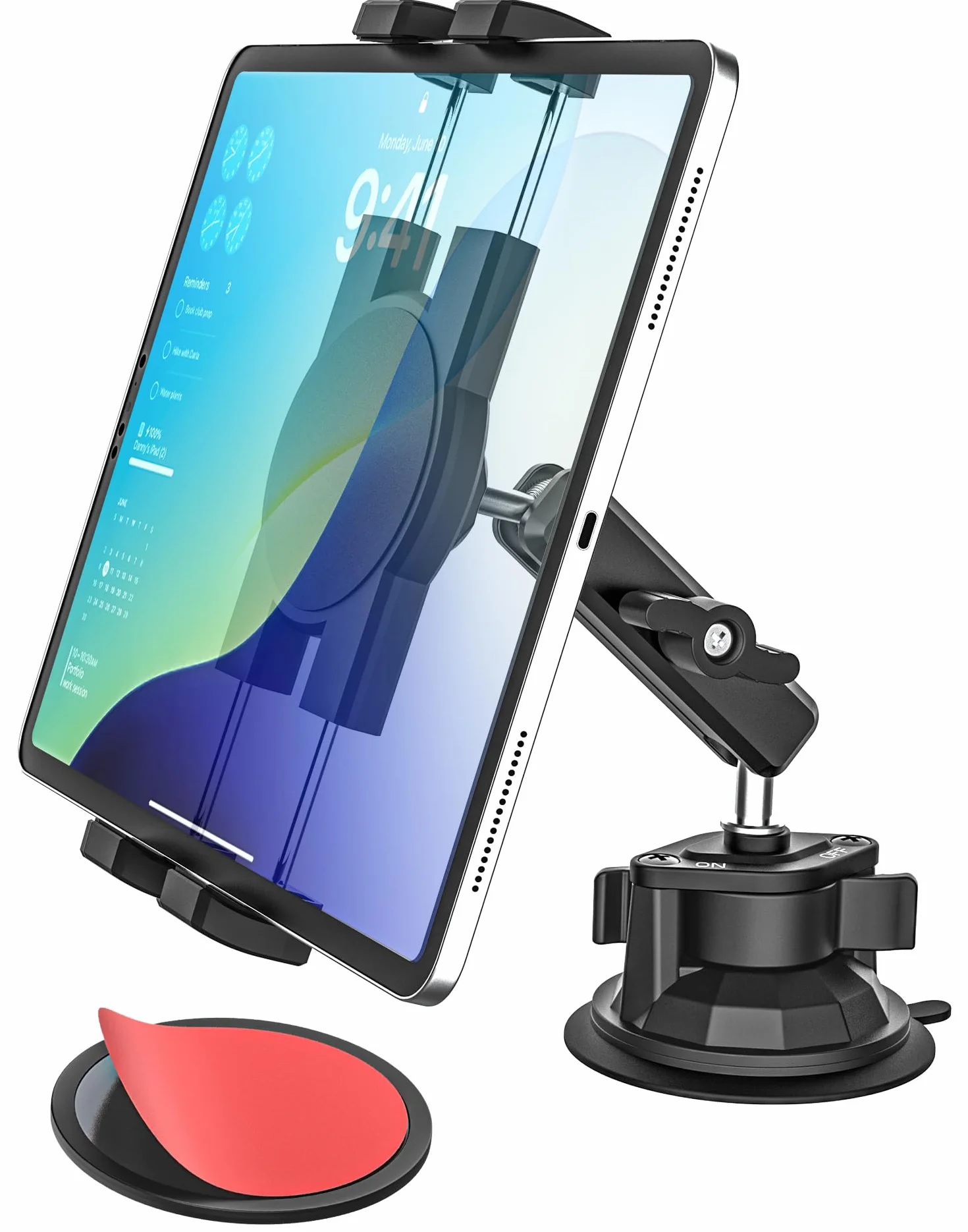 Oilcan Uchwyt na tablet samochodowy z aluminiowym ramieniem i dużą przyssawką, uchwyt samochodowy na przednią szybę deski rozdzielczej do ciężarówki, kompatybilny z iPad Pro Air Mini/Galaxy Tab/Fire