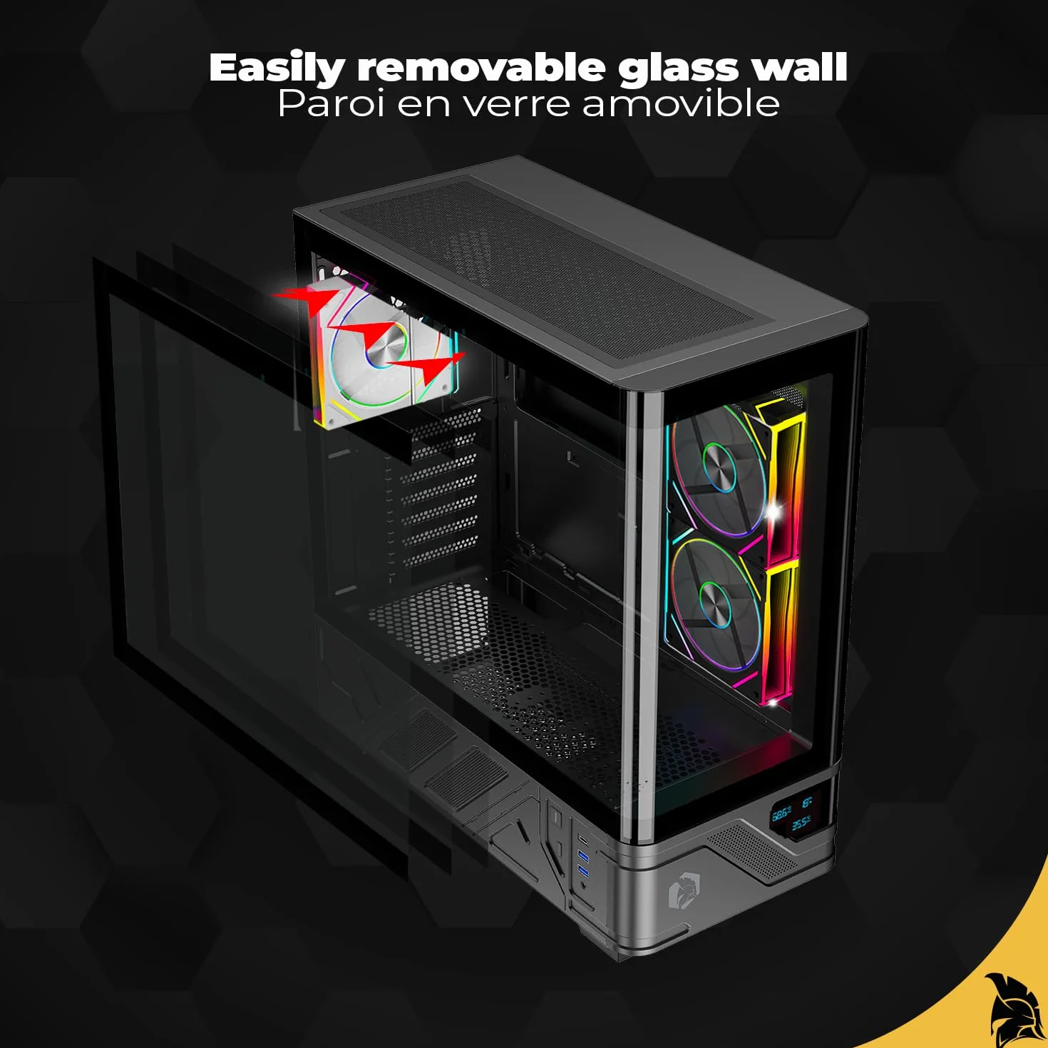 EMPIRE GAMING ECM252 Średnia wieża obudowa do gier - wbudowany cyfrowy wyświetlacz (temperatura procesora/GPU, RPM) - 3 wentylatory ARGB - kompatybilne z ATX, Micro-ATX, ITX - USB C (czarny)