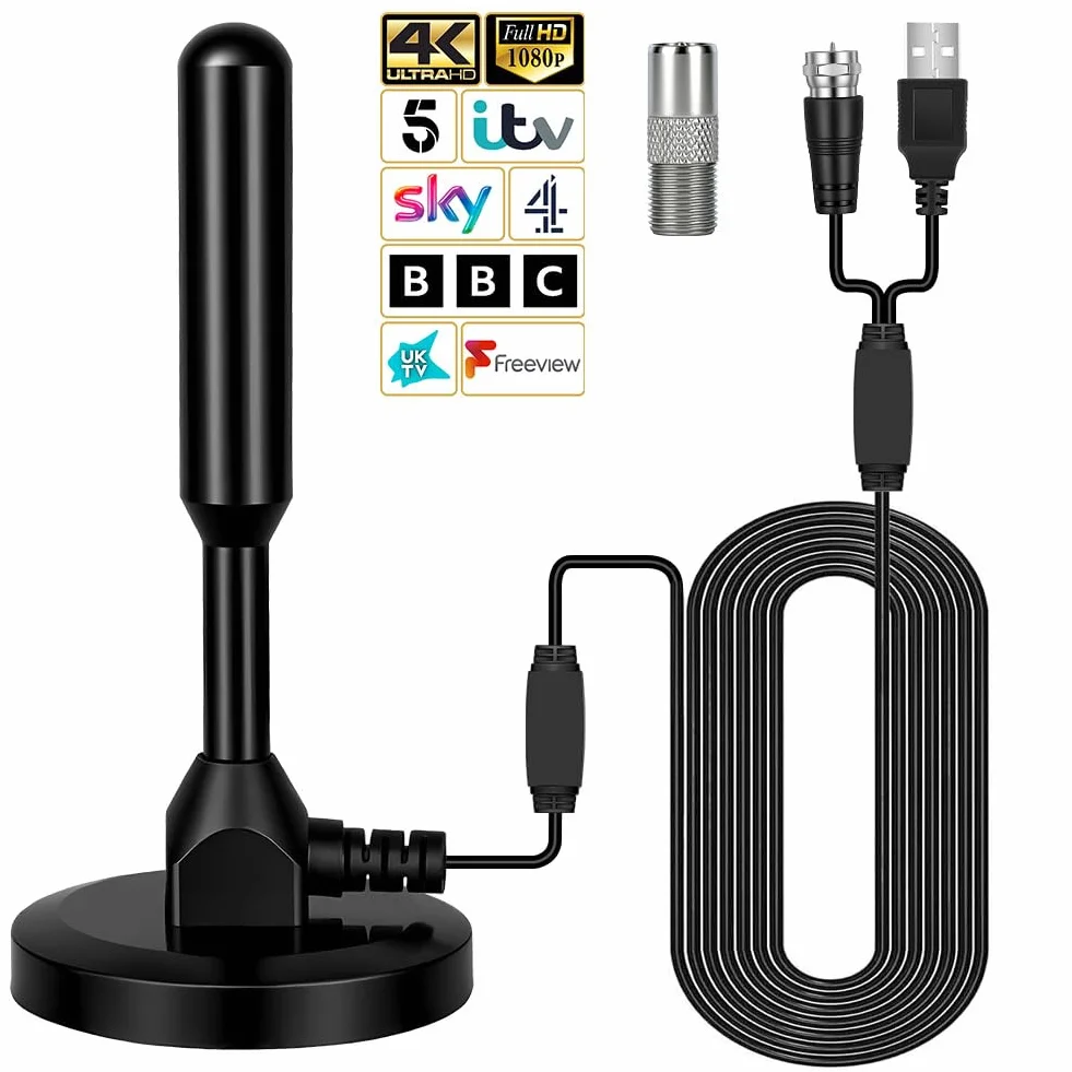 Najnowsza antena HDTV, przenośna antena cyfrowa HD z podstawą magnetyczną, wewnętrzna antena telewizyjna do Smart TV, antena DVB-T/T2, do transmisji Freeview i DAB, kabel koncentryczny 16,5 m