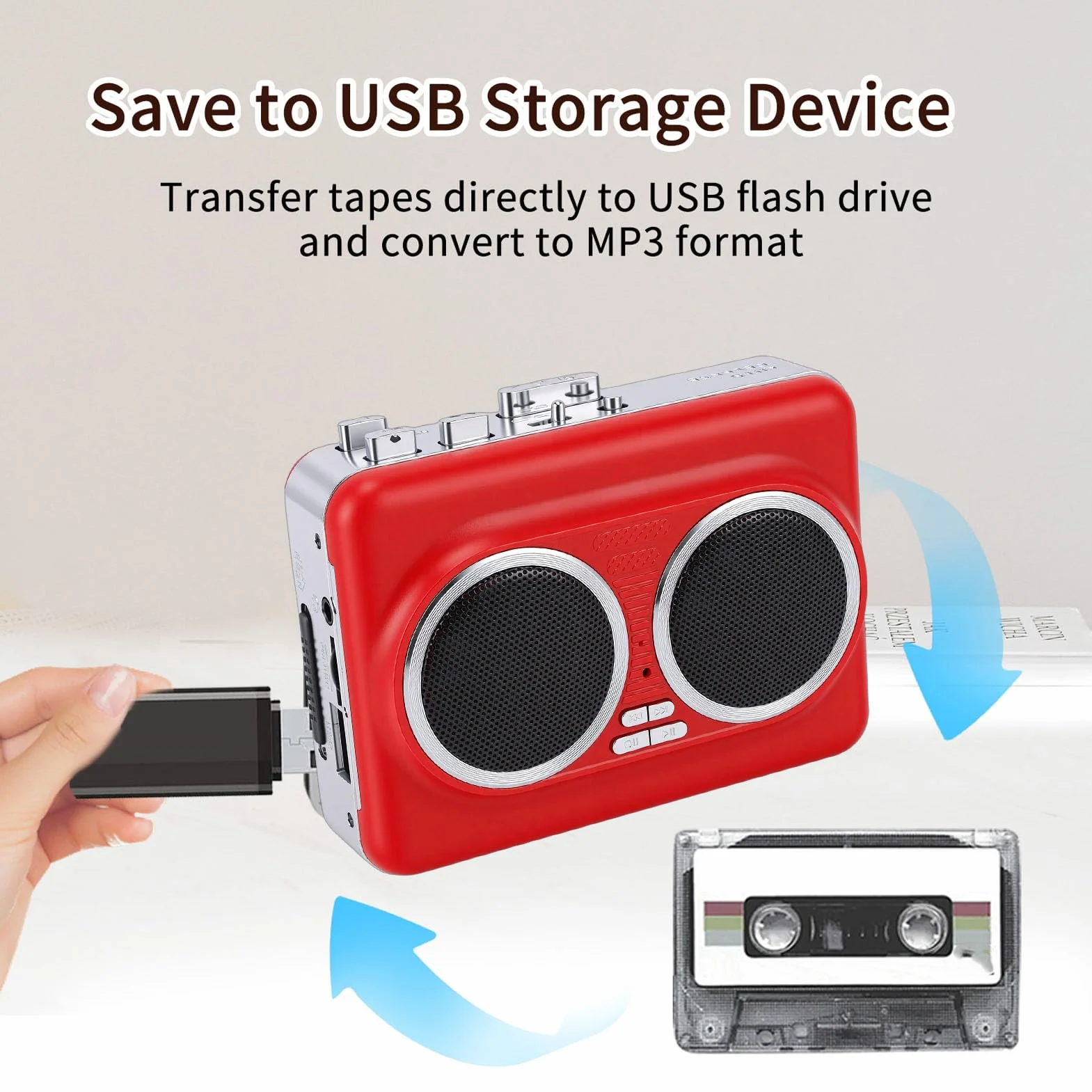 Annadue Konwerter Kasetowy na MP3, Przenośny Cyfrowy Odtwarzacz Taśm z obsługą Napędu Flash USB, Wbudowane Dwa Głośniki, Gniazdo Słuchawkowe 3,5 Mm, Dwie Opcje Zasilania