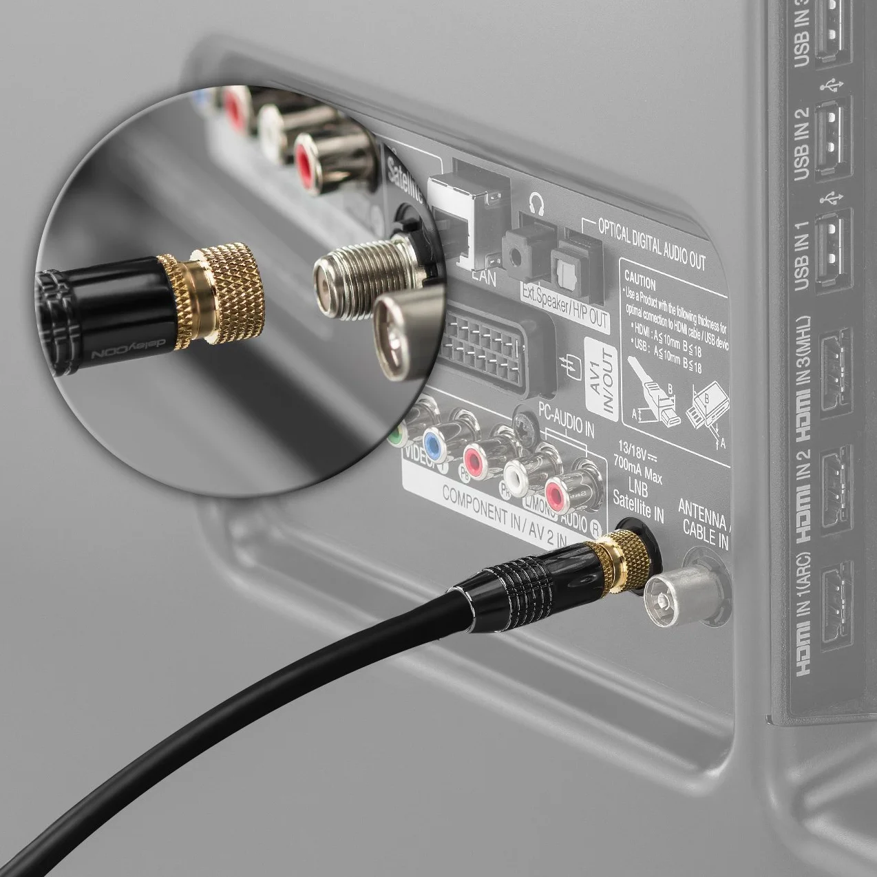 deleyCON 20m Kabel Antenowy SAT Koncentryczny DVB-S/S2 4K Ultra HD HDTV 2x Wtyk F Metalowe Złącza Czarny