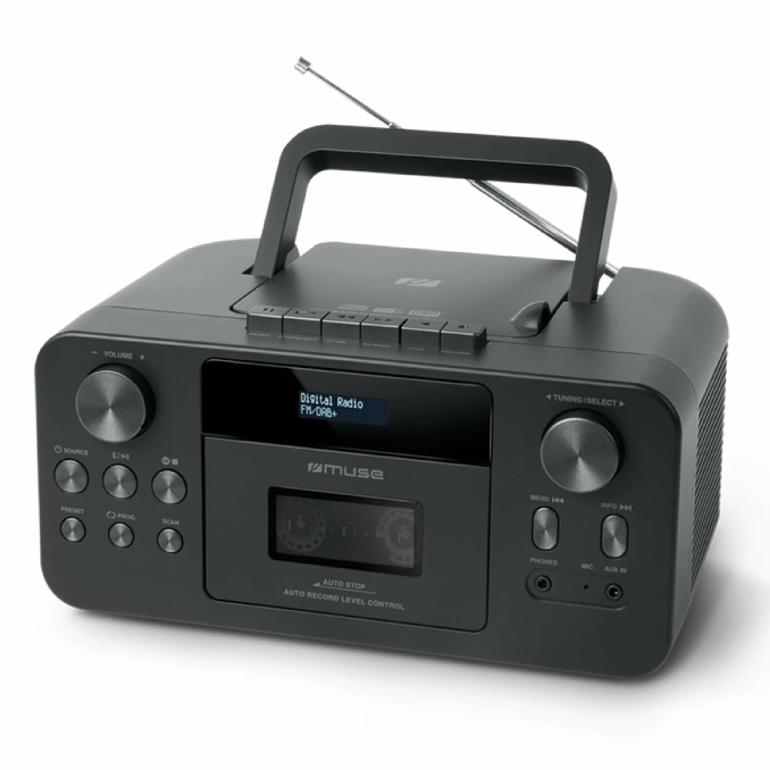 MUSE Przenośne radio DAB+ z odtwarzaczem CD Bluetooth, odtwarzacz kasetowy, UKW, wejście słuchawkowe, AUX-In, wyświetlacz LCD, strumieniowe przesyłanie muzyki, czarne (M-182DB)