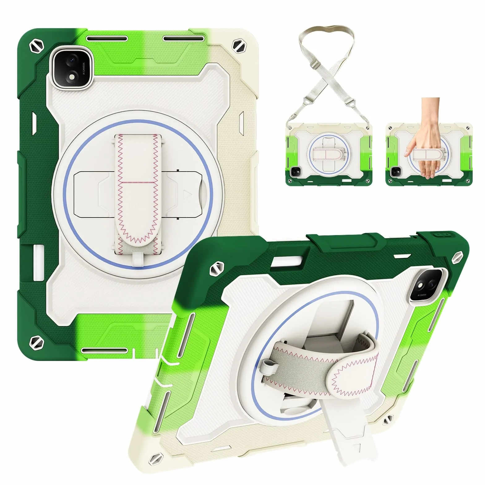 Odporne na wstrząsy etui do Honor Pad GT Pro 31.2 cm / MagicPad 2 31.2 cm, etui dla dzieci, etui z TPU, podpórka, wytrzymały pokrowiec ochronny z paskiem na rękę (zielony)