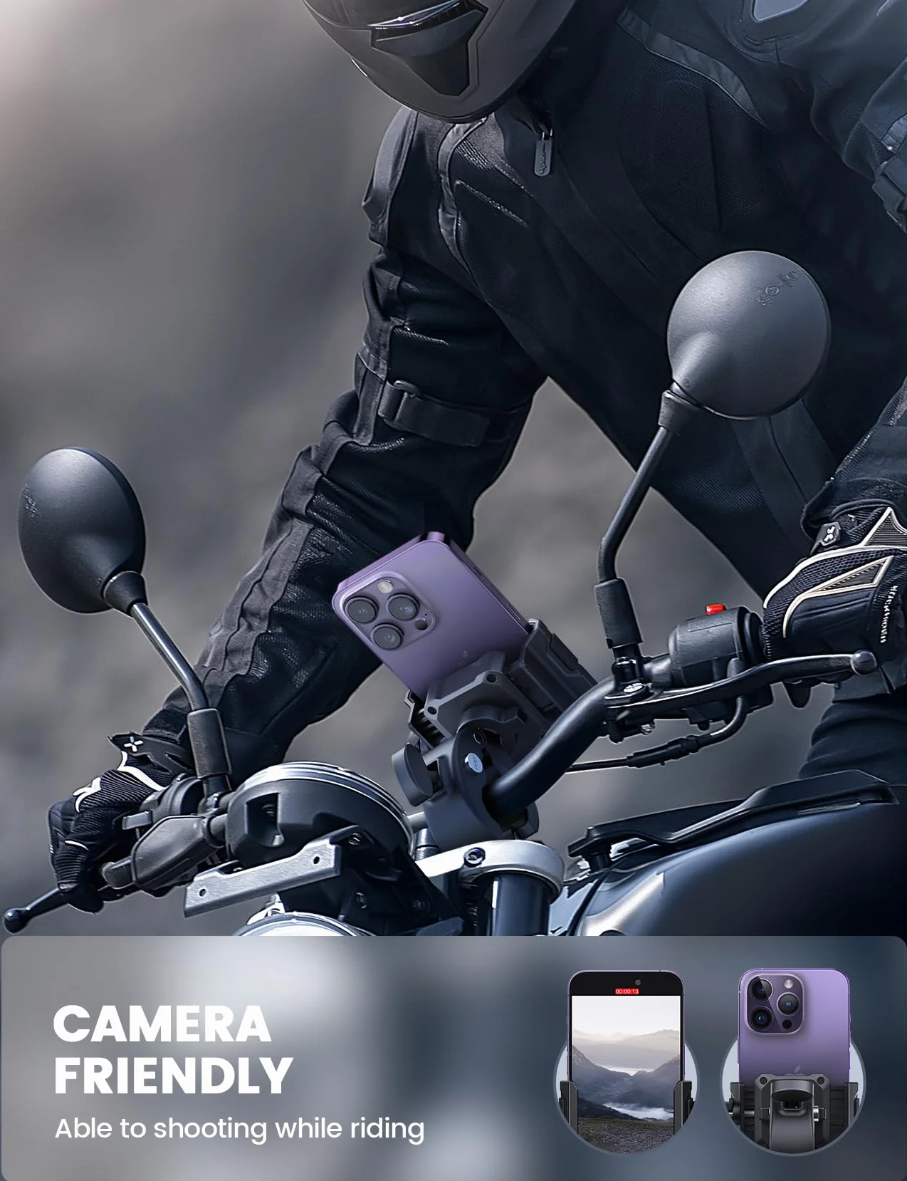 Lamicall Motocyklowy uchwyt na telefon do filmowania - 【1s szybkie zapięcie】Uniwersalny uchwyt na telefon motocyklowy do telefonu iPhone 16 15 14 13 12 Pro Max Plus Mini, Xs XR, Samsung, 4,7-7 cala