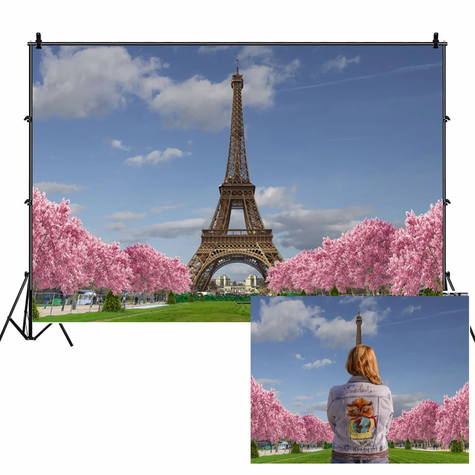 3,7 x 2,4 m Wieża Eiffla tło niebo chmury różowy kwiat wiśni murawa europejska wybitna architektura fotografia tło Paryż impreza dekoracja portret sesja zdjęciowa studio rekwizyty