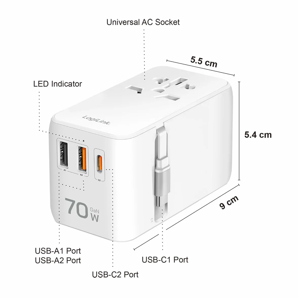 LogiLink PA0357 - uniwersalny zasilacz podróżny z 10 rodzajami wtyczek do >200 krajów, 70 W i PD (PowerDelivery) i QuickCharge, 3 x porty USB, ognioodporny