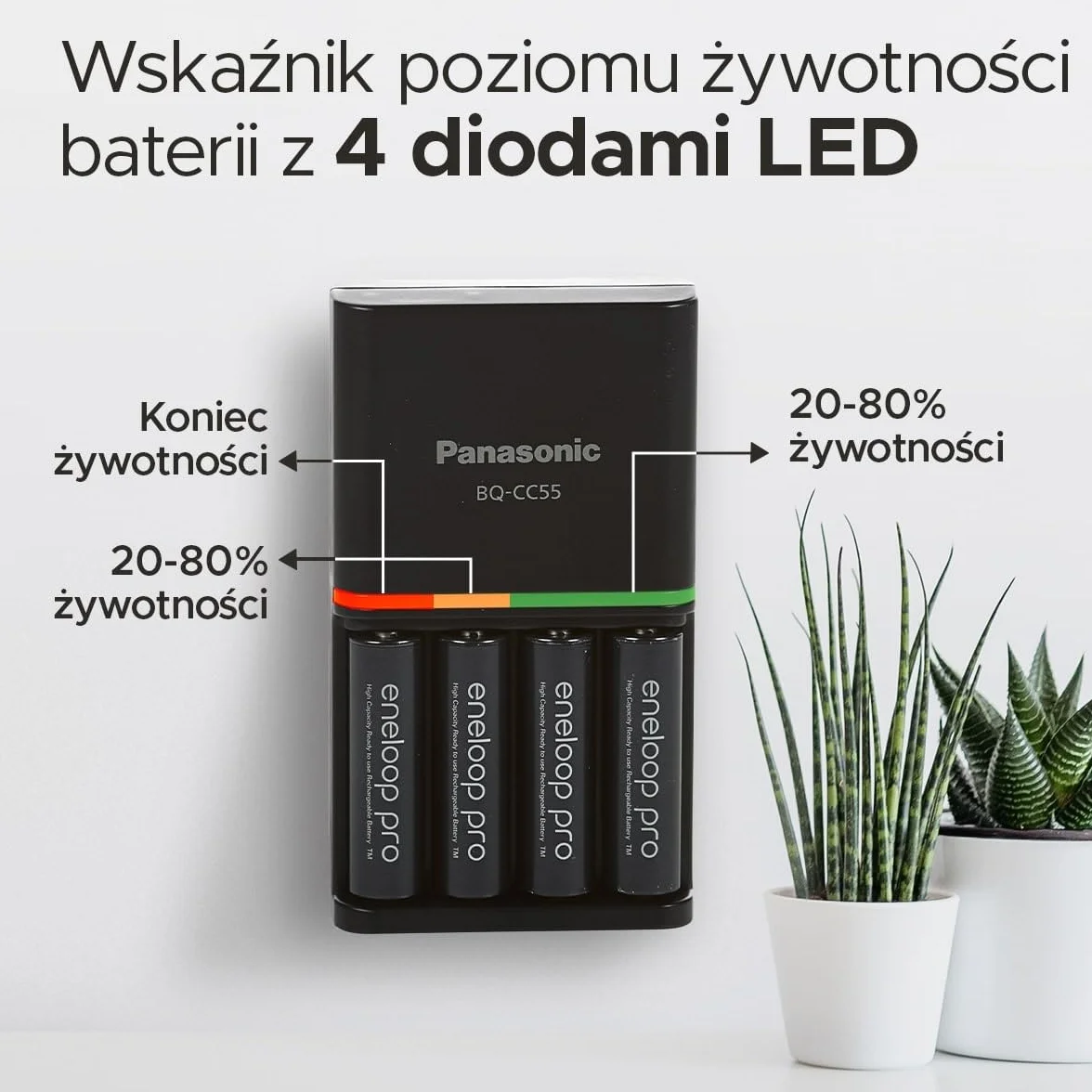 Ładowarka Panasonic eneloop SmartPlus do 1–4 akumulatorów AA/AAA Ni-MH z 4 wskaźnikami LED i 10 funkcjami bezpieczeństwa, w zestawie z 4 akumulatorami eneloop AA/Mignon, min. 2500 mAh, czarna