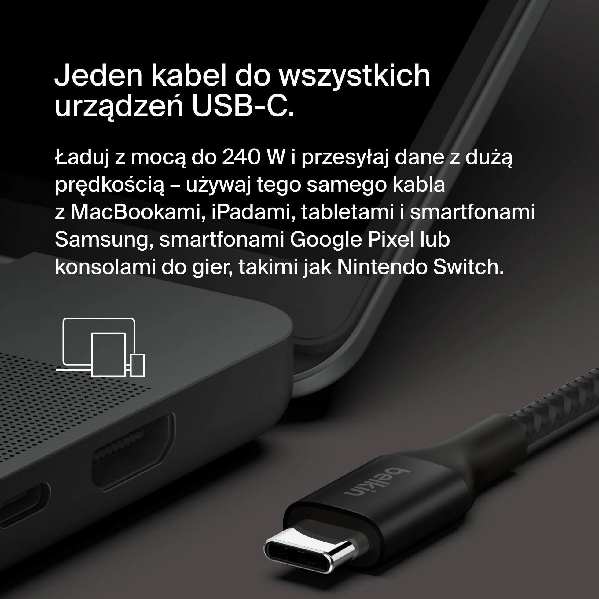 Belkin BoostCharge Kabel zasilania USB-C-USB-C, szybkie ładowanie Power Delivery 240 W, certyfikat USB-IF, zgodny z urządzeniami MacBook Pro, iPhone 15, Chromebook, Galaxy, iPad i innymi, 1 m, czarny