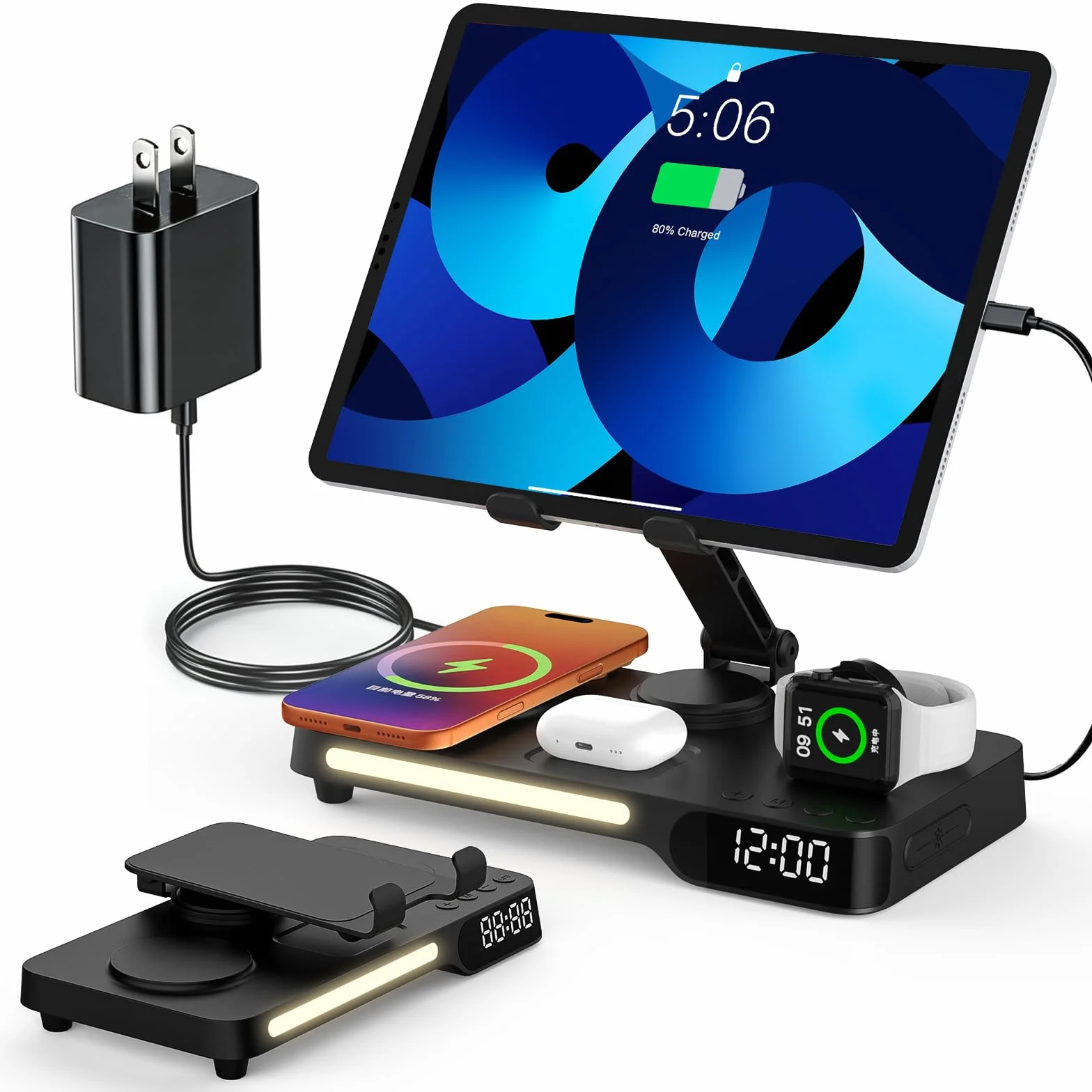 Bezprzewodowa stacja ładująca, 7 w 1 wielofunkcyjna stacja ładująca z budzikiem, lampką nocną, stacją ładującą do iPhone 17 16 15 14 13 12 Pro Max Plus, Apple Watch 11/10/9/8, dla AirPods, do sypialni