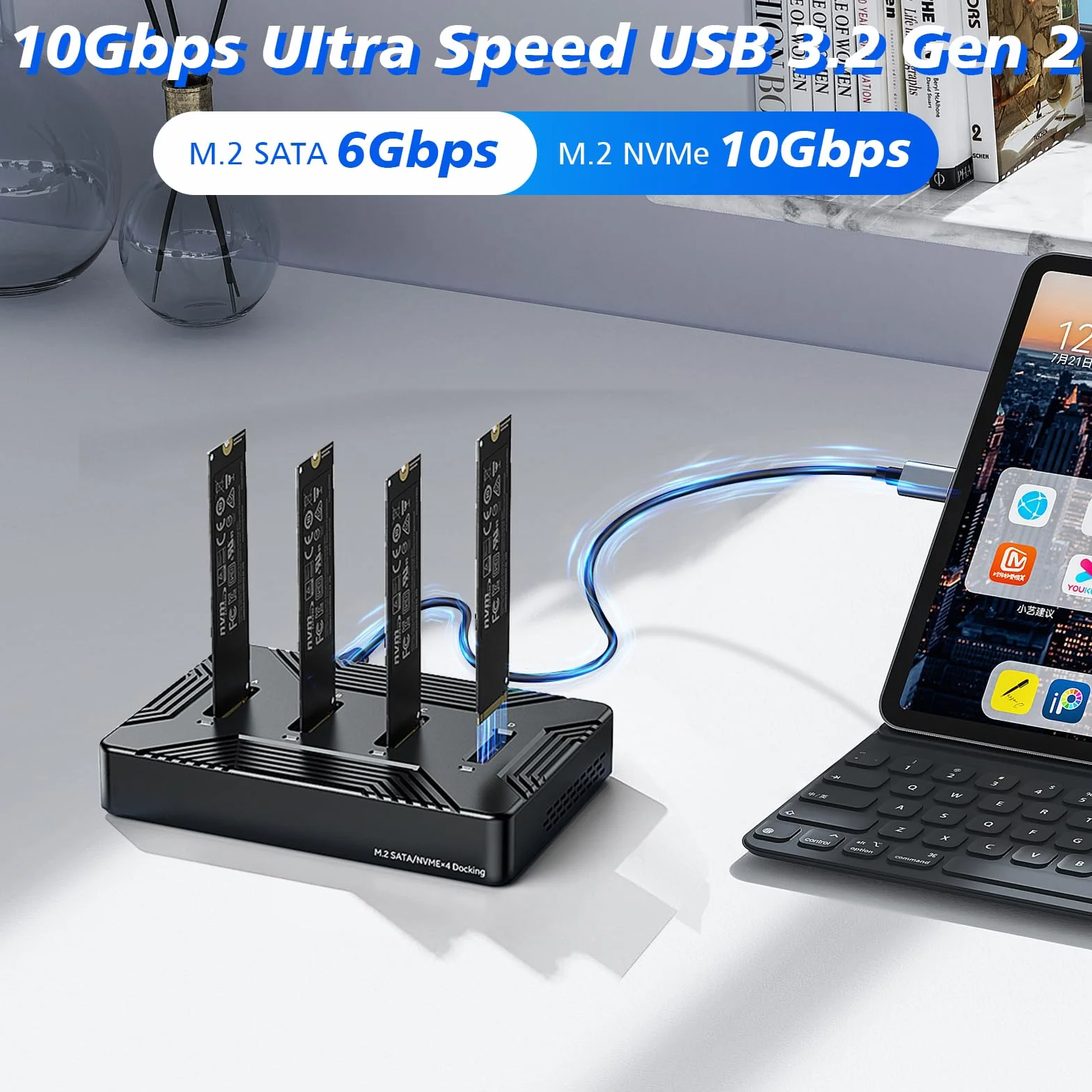 M.2 NVME SATA SSD stacja dokująca, USB 3.2 Gen 2 10 Gbps M2 SSD stacja dokująca do M-Key B+M Key, 4 Bay Stacja dokująca do dysków twardych 2230 2242 2260 2280 SSD, aluminiowy adapter dysków twardych